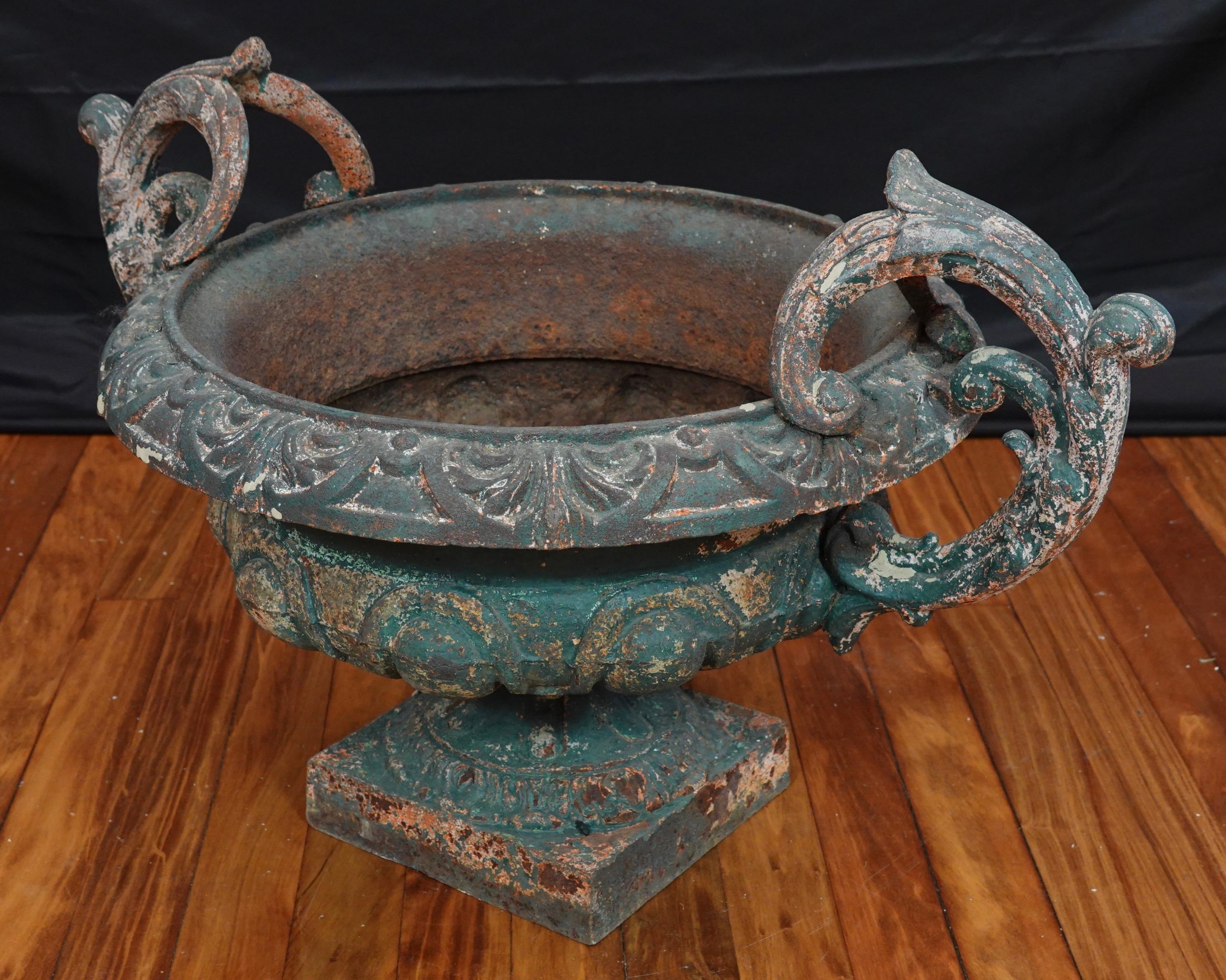 Pair of French 19th Century Cast Iron Garden Urns with Handles 6