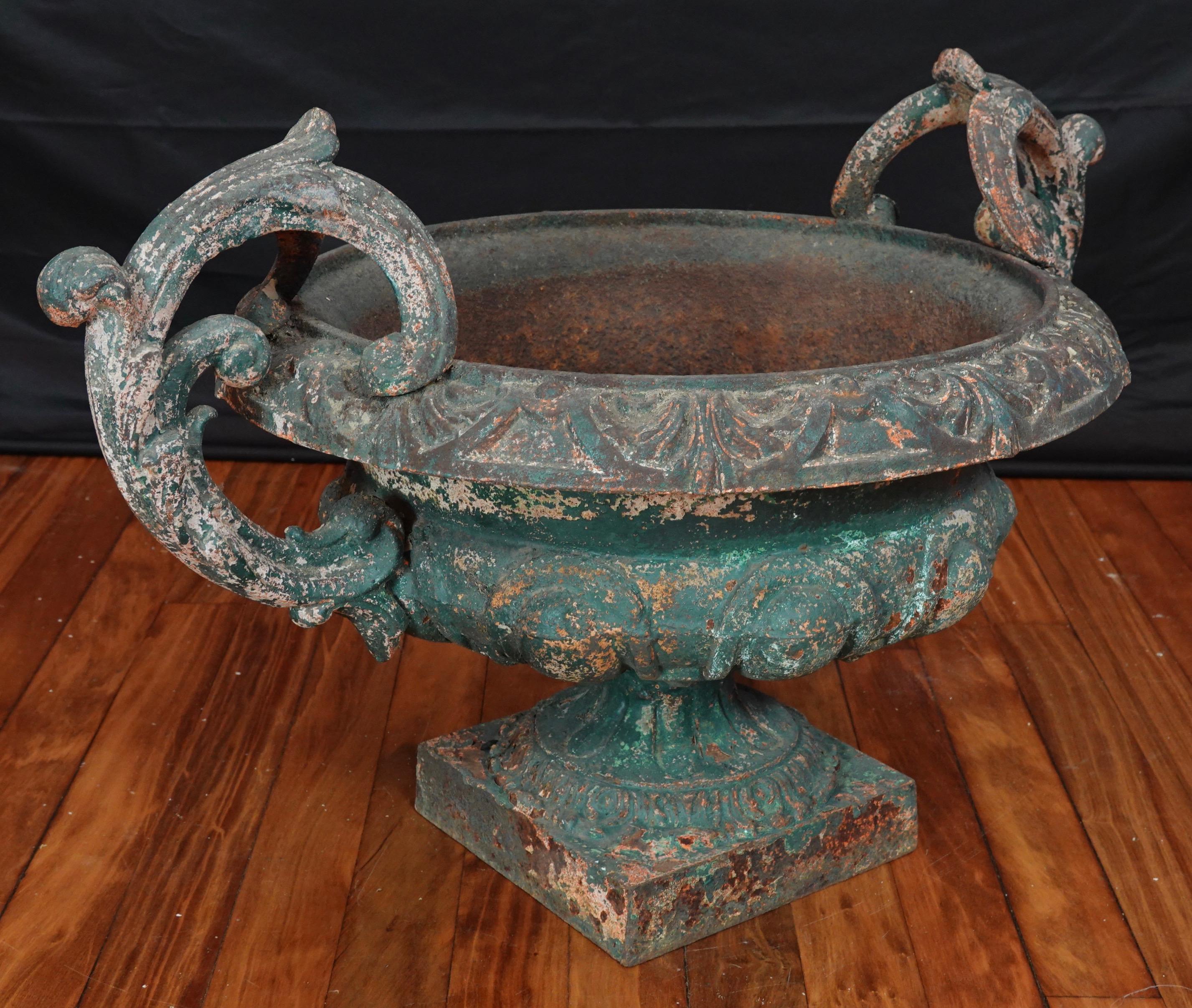 Pair of French 19th Century Cast Iron Garden Urns with Handles 7