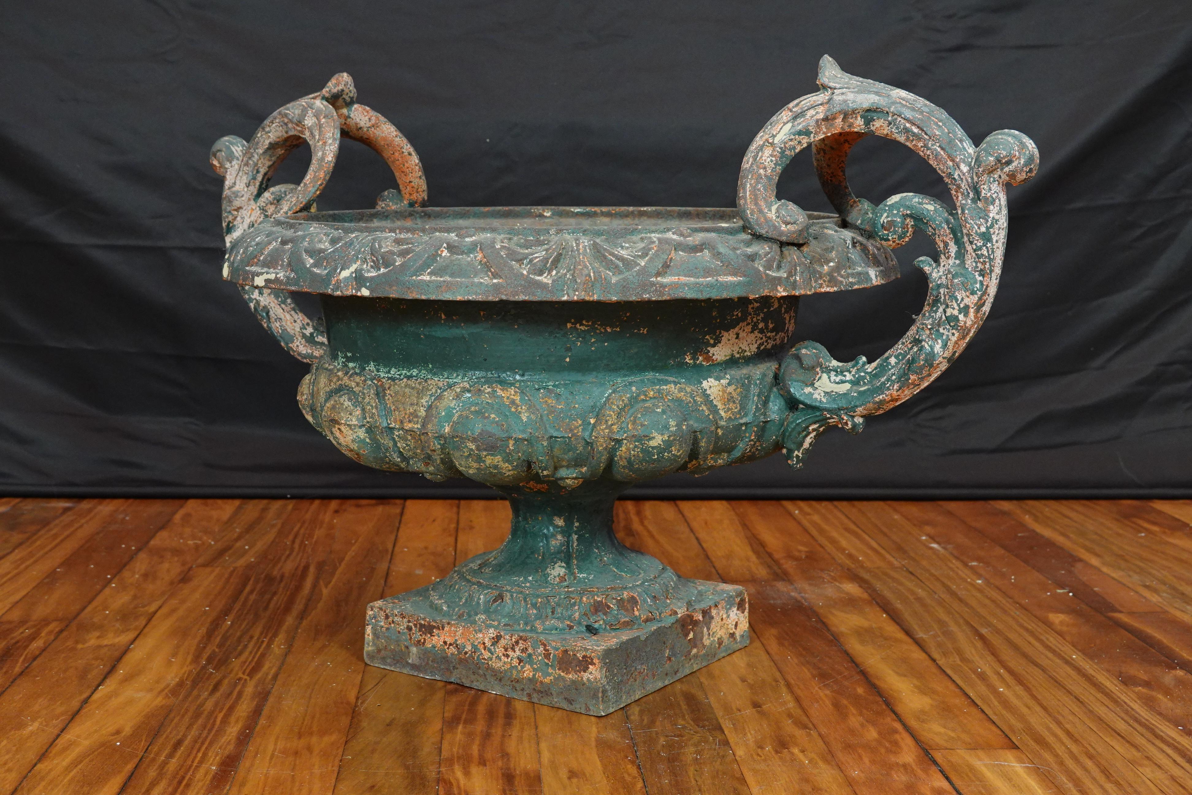 Pair of French 19th Century Cast Iron Garden Urns with Handles 8