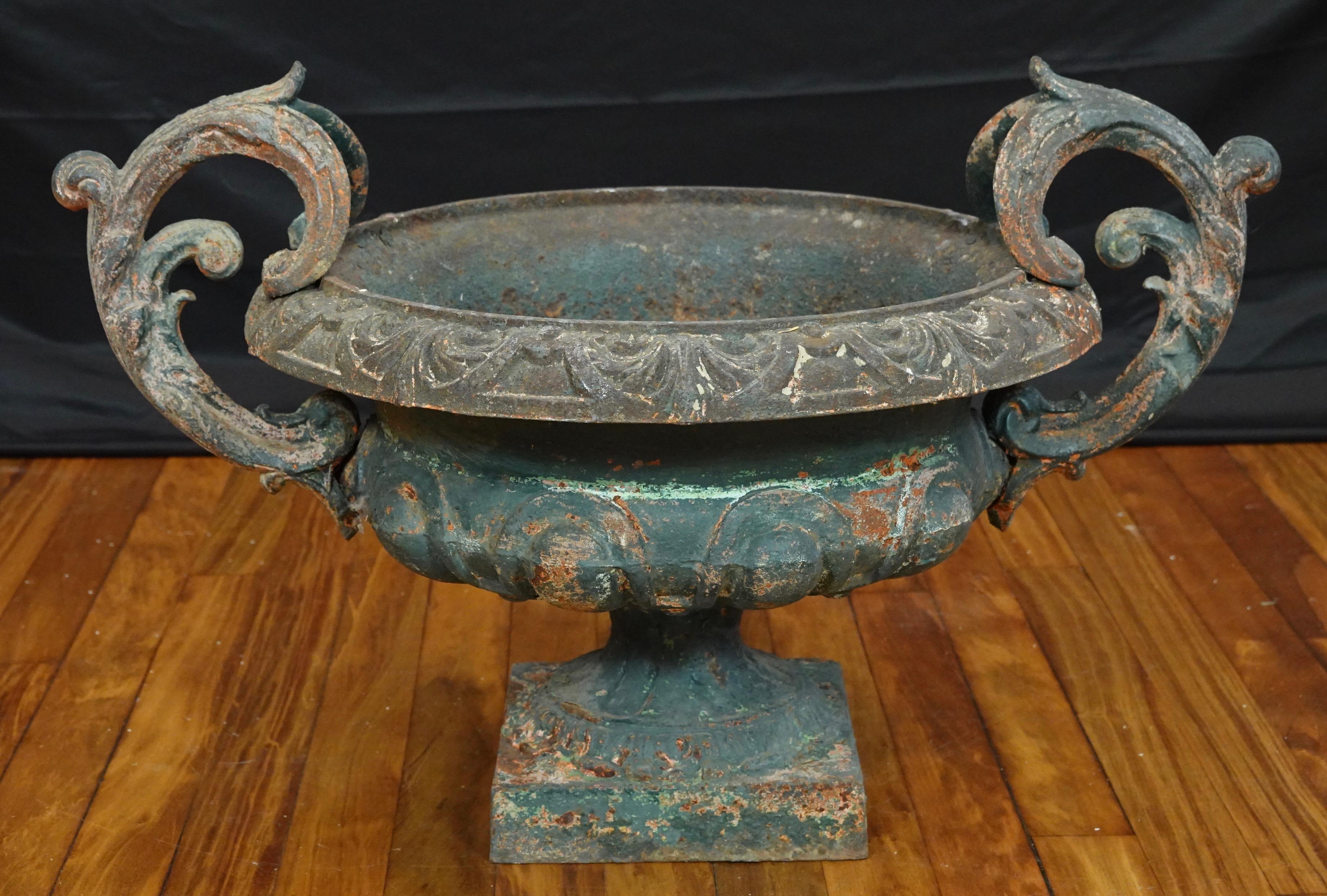 French Provincial Pair of French 19th Century Cast Iron Garden Urns with Handles