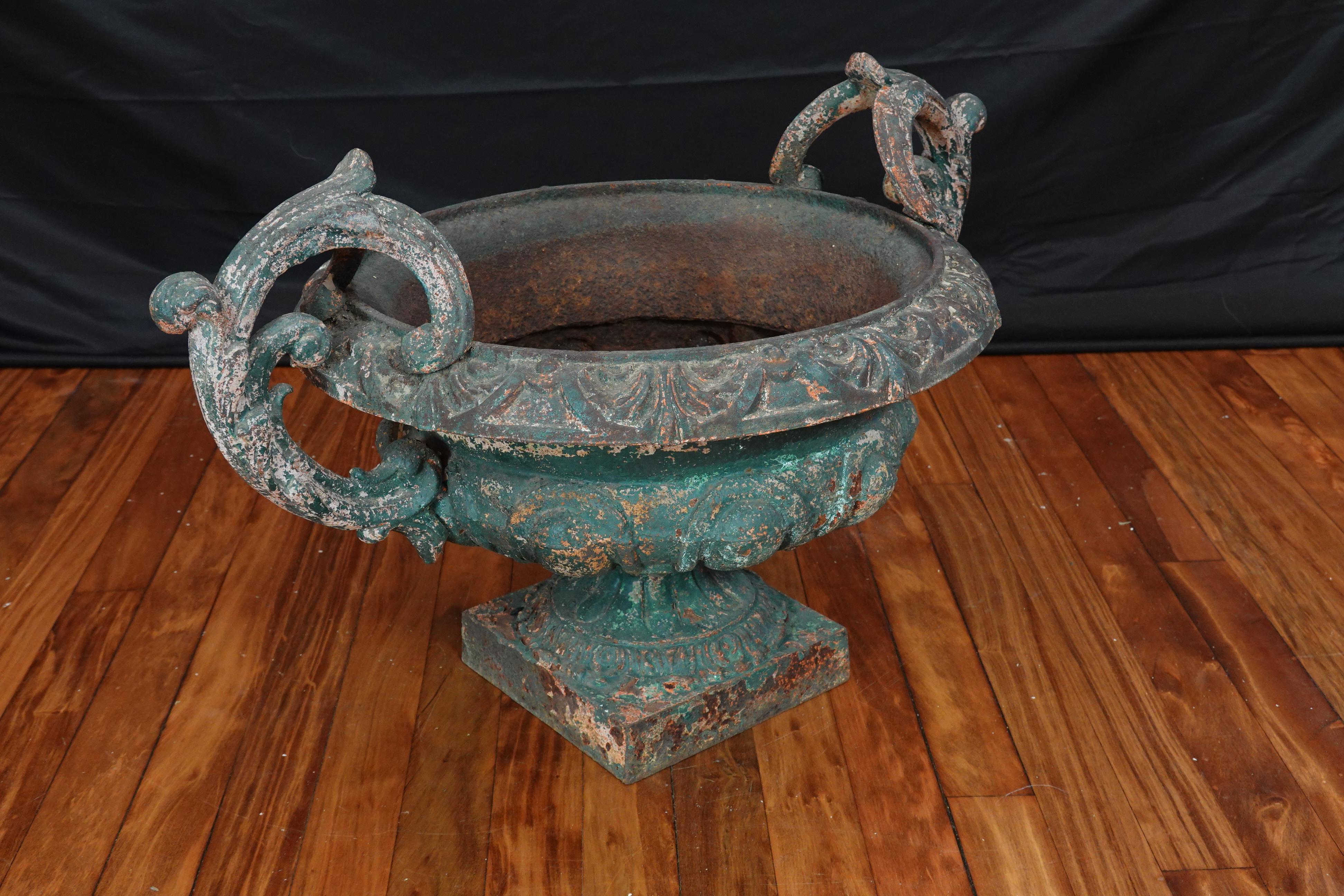 Pair of French 19th Century Cast Iron Garden Urns with Handles 1