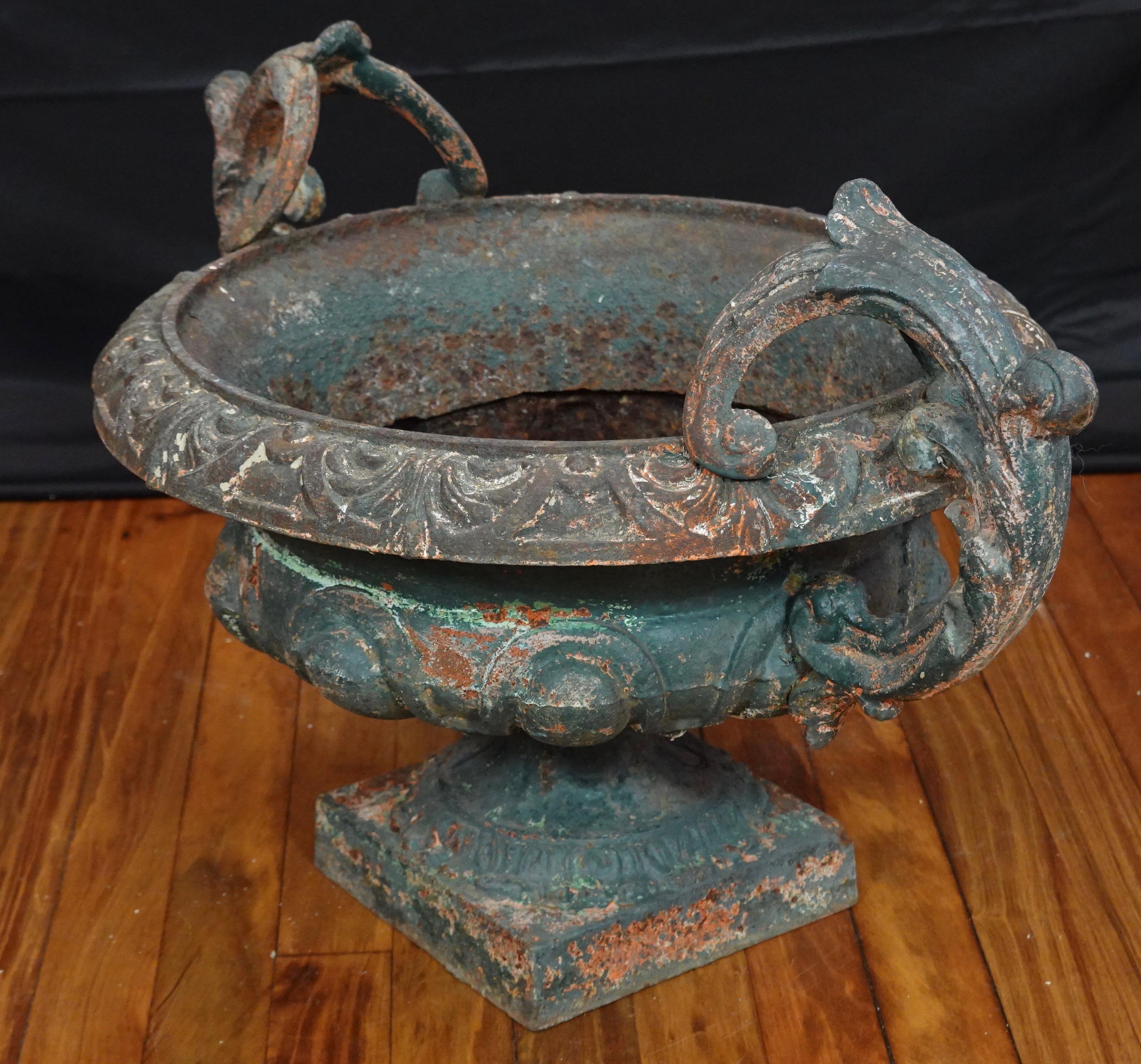 Pair of French 19th Century Cast Iron Garden Urns with Handles 2