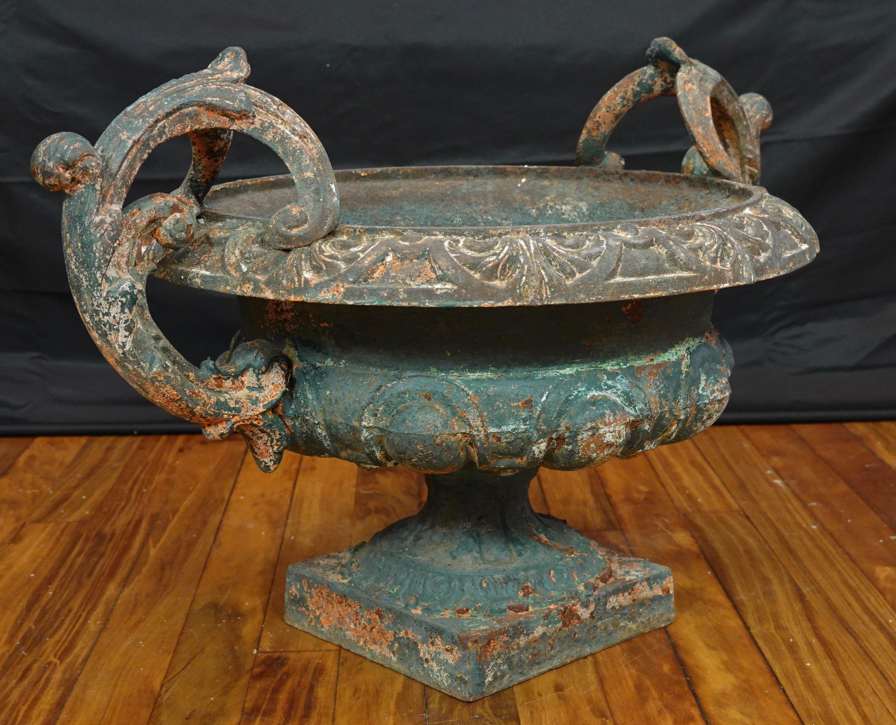 Pair of French 19th Century Cast Iron Garden Urns with Handles 3