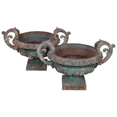 Pair of French 19th Century Cast Iron Garden Urns with Handles
