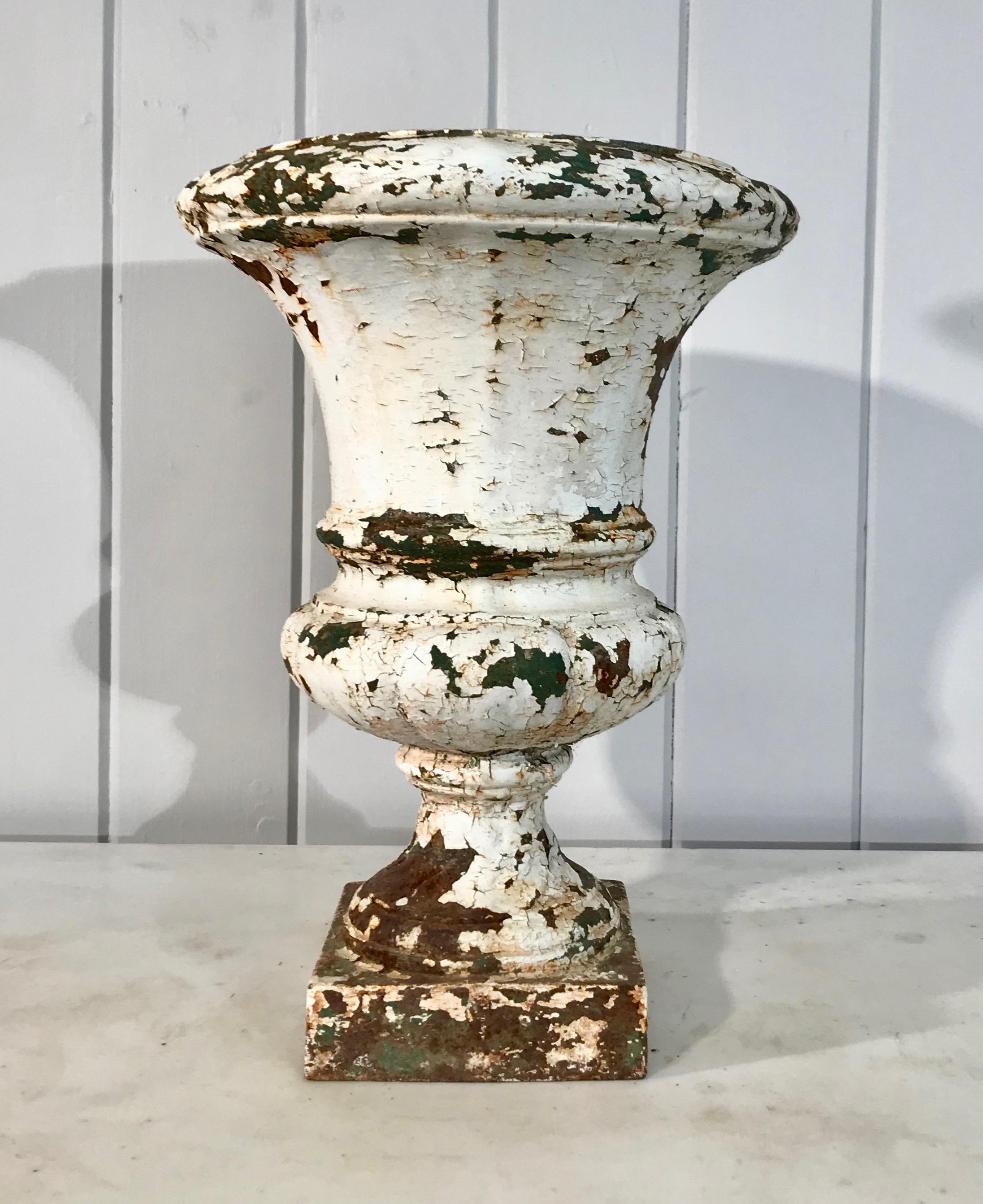 Pair of French 19th Century Cast Iron Medici Urns in Old Painted Surface For Sale 7