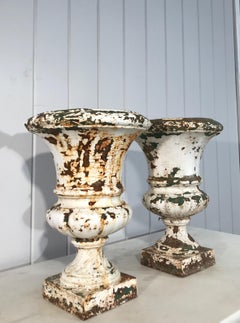 Pair of French 19th Century Cast Iron Medici Urns in Old Painted Surface