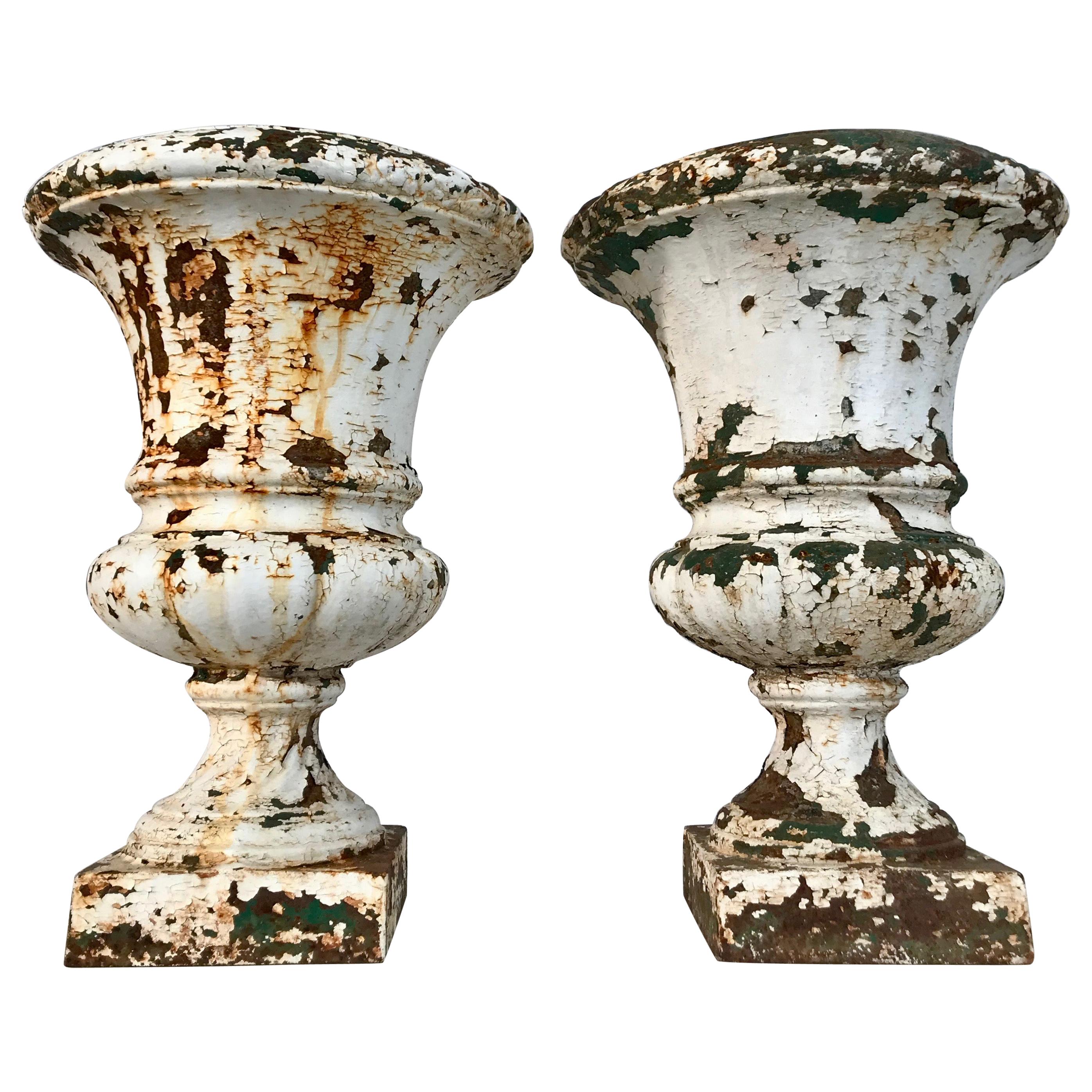 Pair of French 19th Century Cast Iron Medici Urns in Old Painted Surface For Sale
