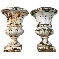Pair of French 19th Century Cast Iron Medici Urns in Old Painted Surface