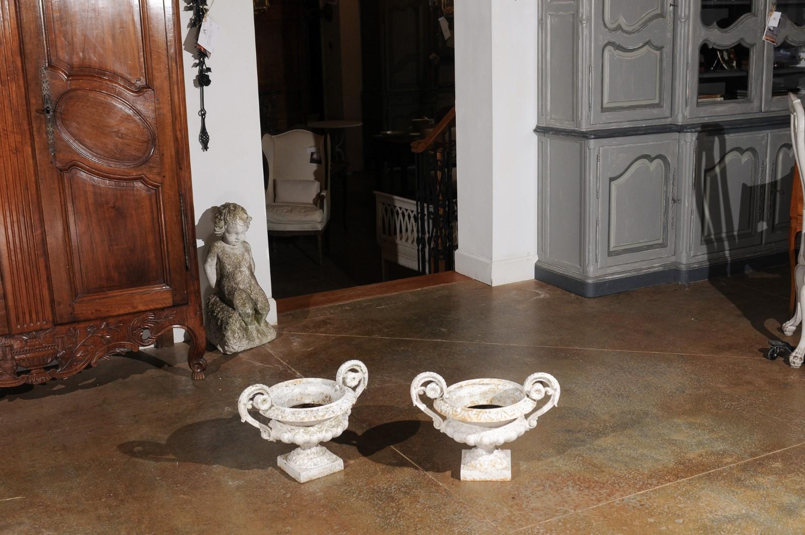 Pair of French 19th Century Cast Iron White Painted Vases with Large Volutes In Good Condition In Atlanta, GA