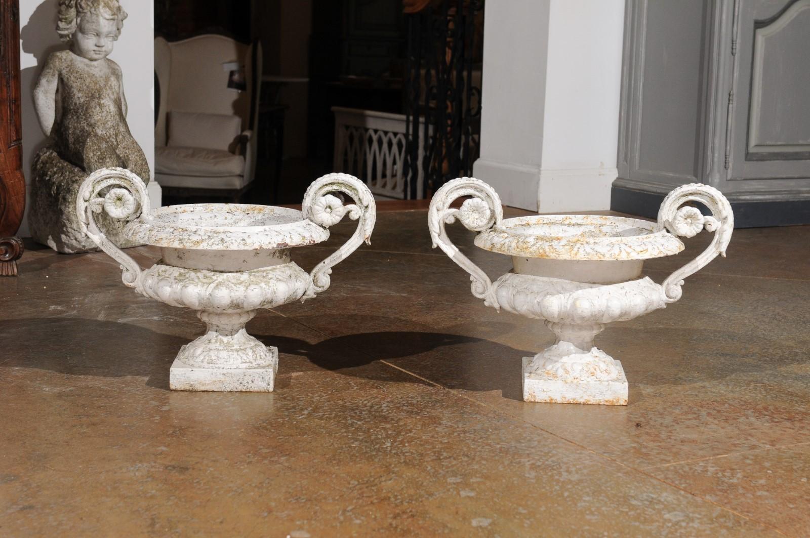 Pair of French 19th Century Cast Iron White Painted Vases with Large Volutes 2