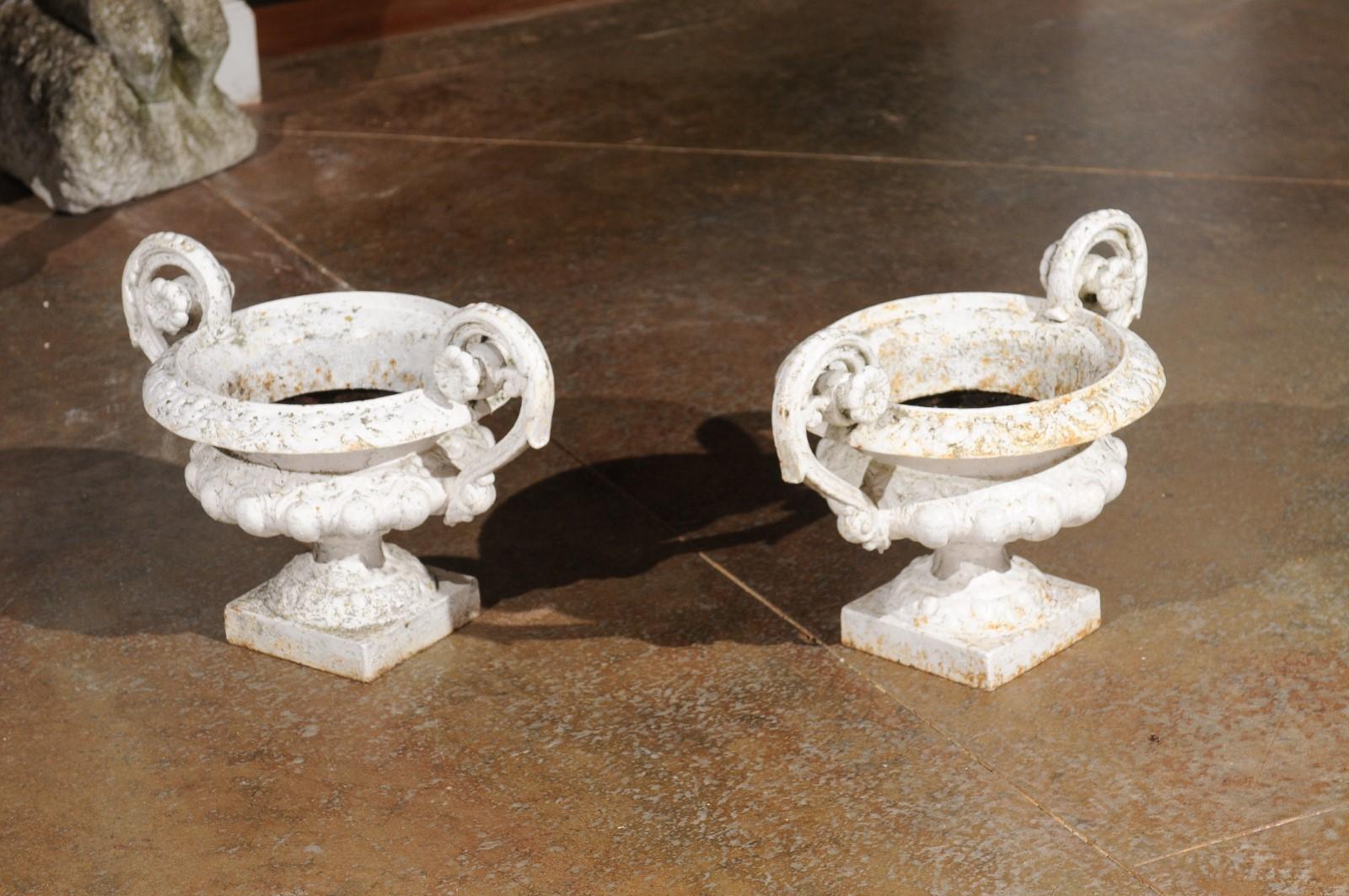 Pair of French 19th Century Cast Iron White Painted Vases with Large Volutes 4