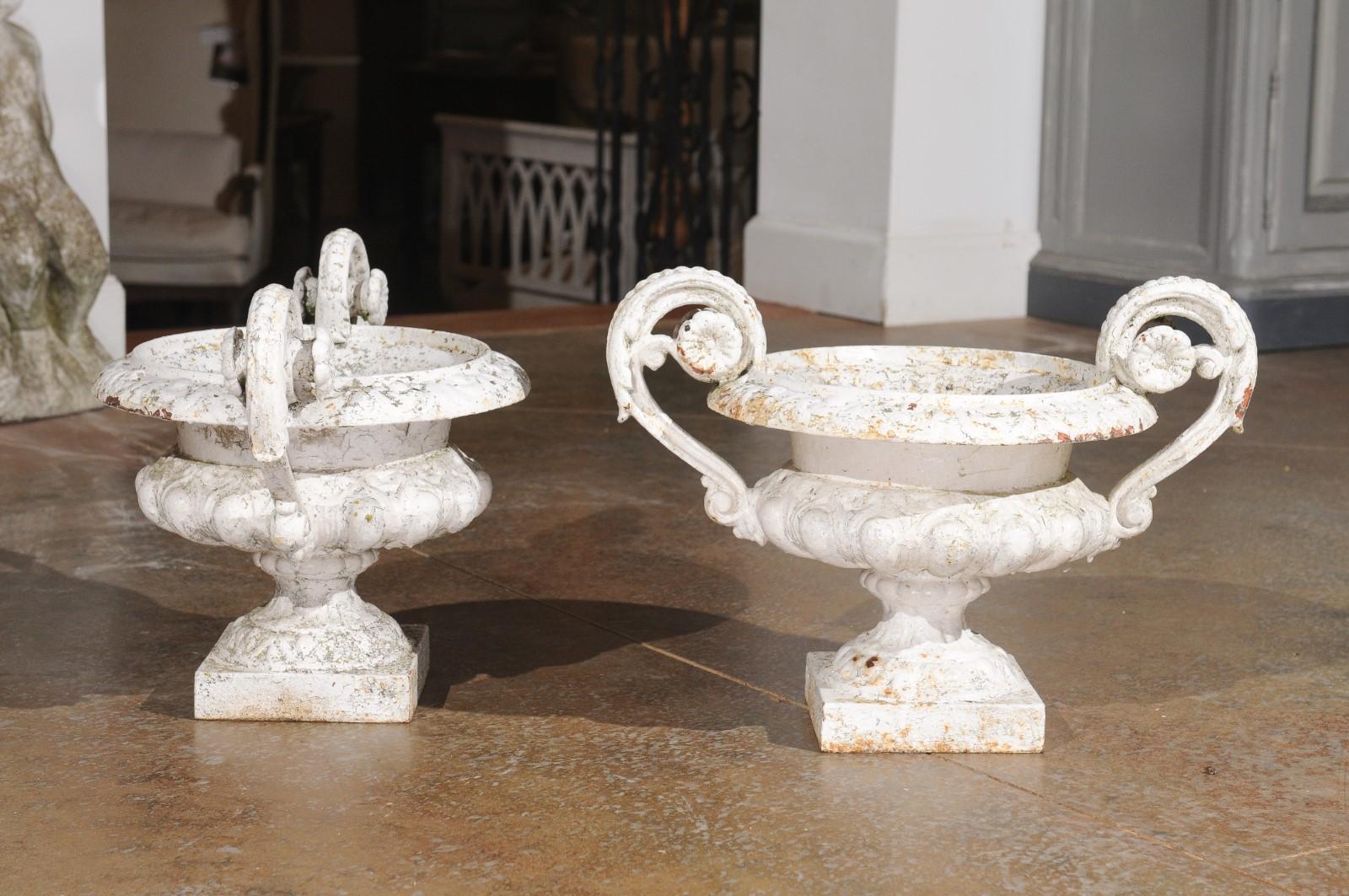 Pair of French 19th Century Cast Iron White Painted Vases with Large Volutes 6