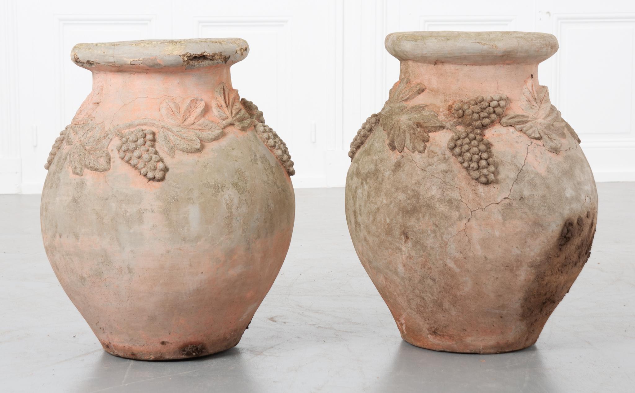 Age has distressed these pots quite distinctly and they will add character to any garden. They have a band of grapevine wrapping around the top perimeter and have a peach/pink color.