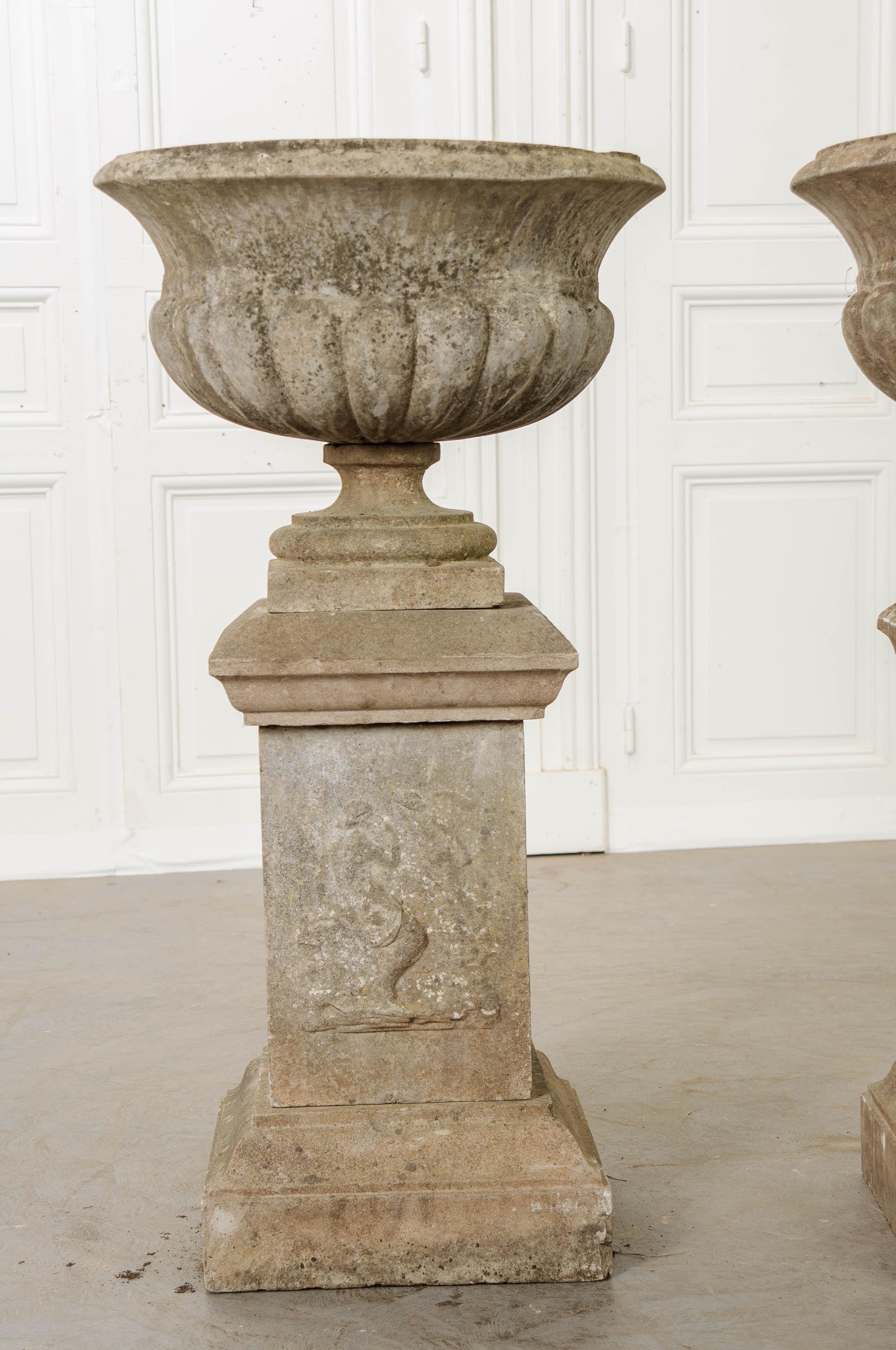 Pair of French 19th Century Cast Stone Urns on Pedestals 6