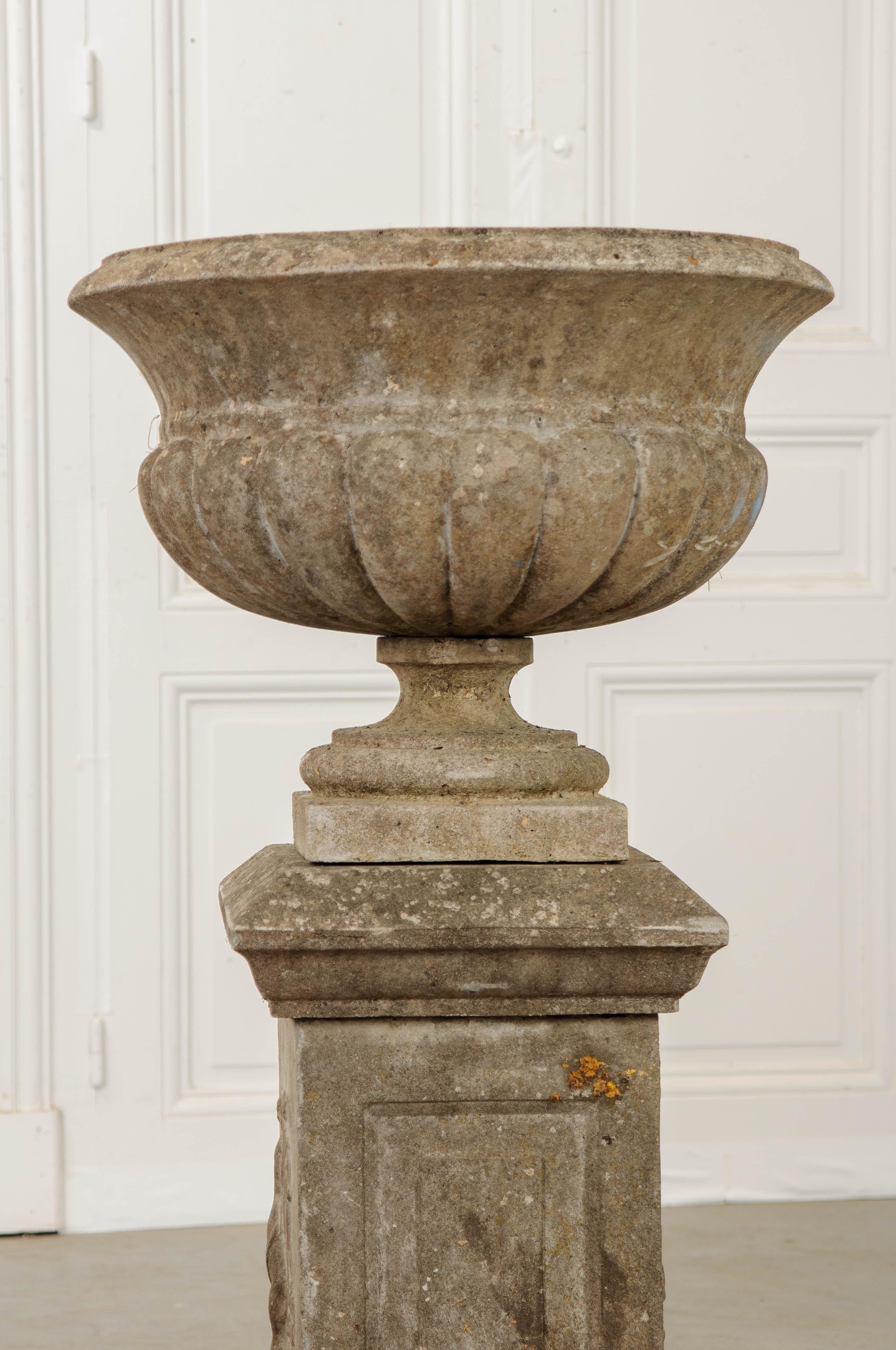 Pair of French 19th Century Cast Stone Urns on Pedestals 10