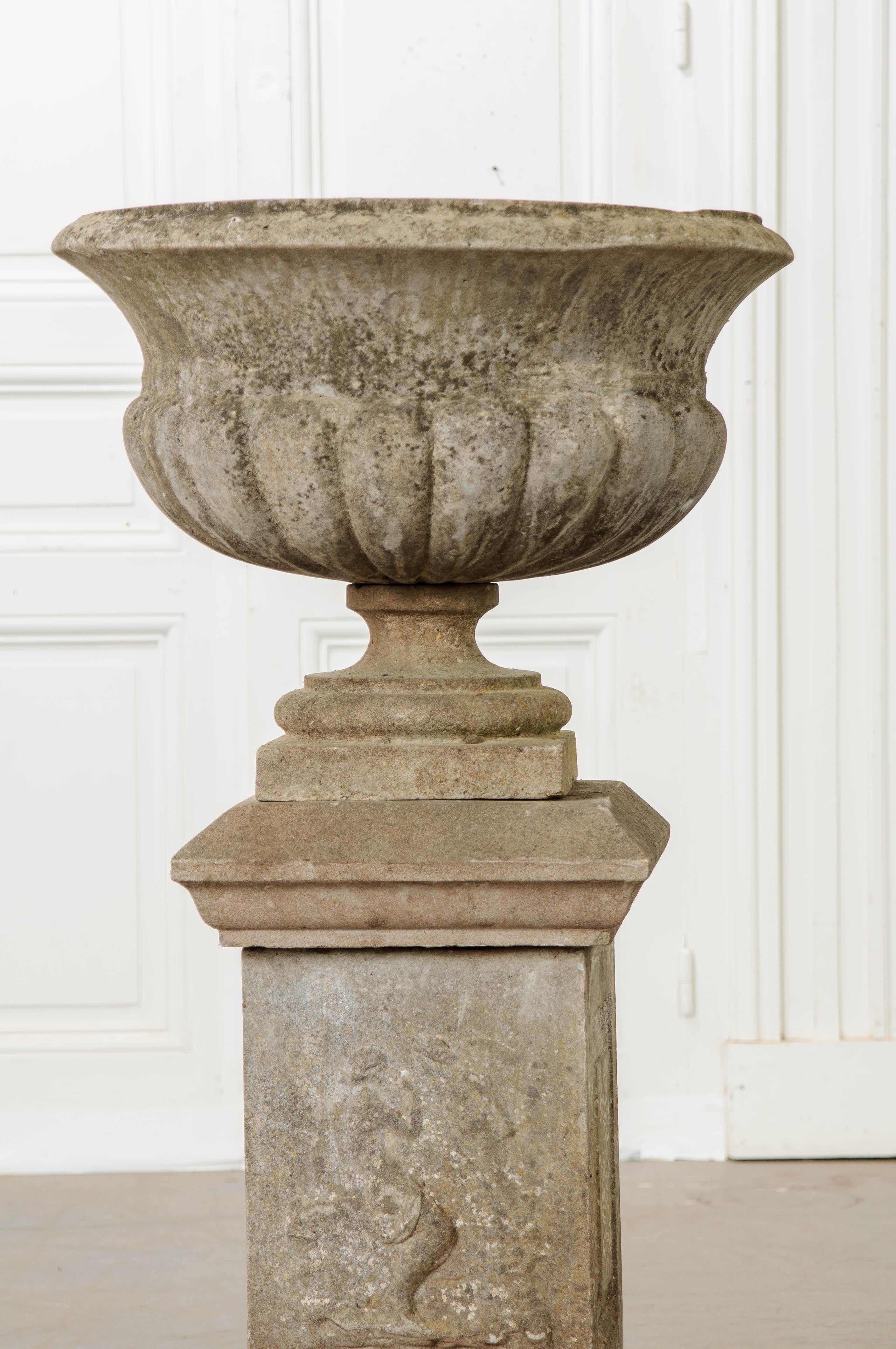 Pair of French 19th Century Cast Stone Urns on Pedestals 11