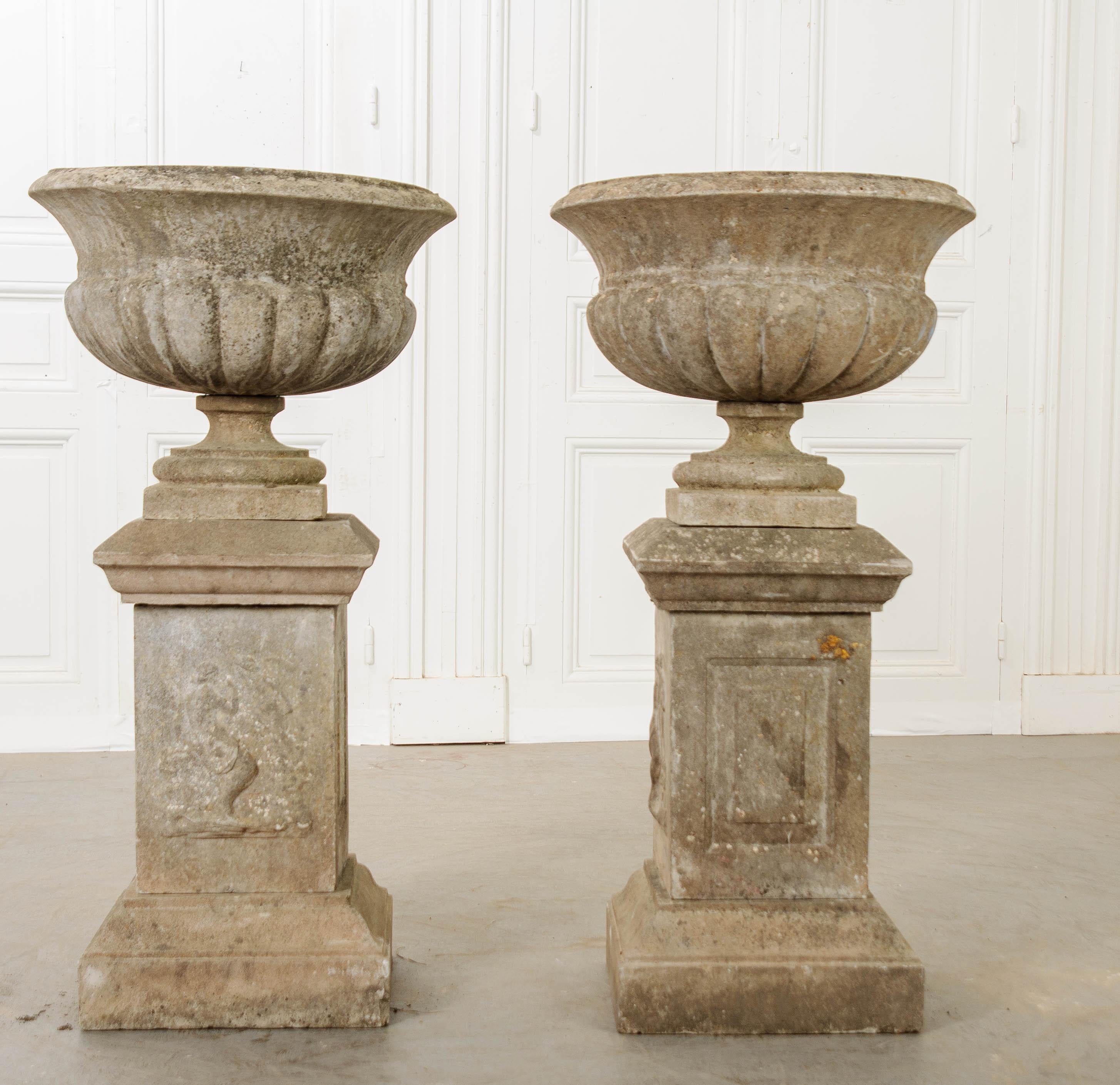 Pair of French 19th Century Cast Stone Urns on Pedestals 12