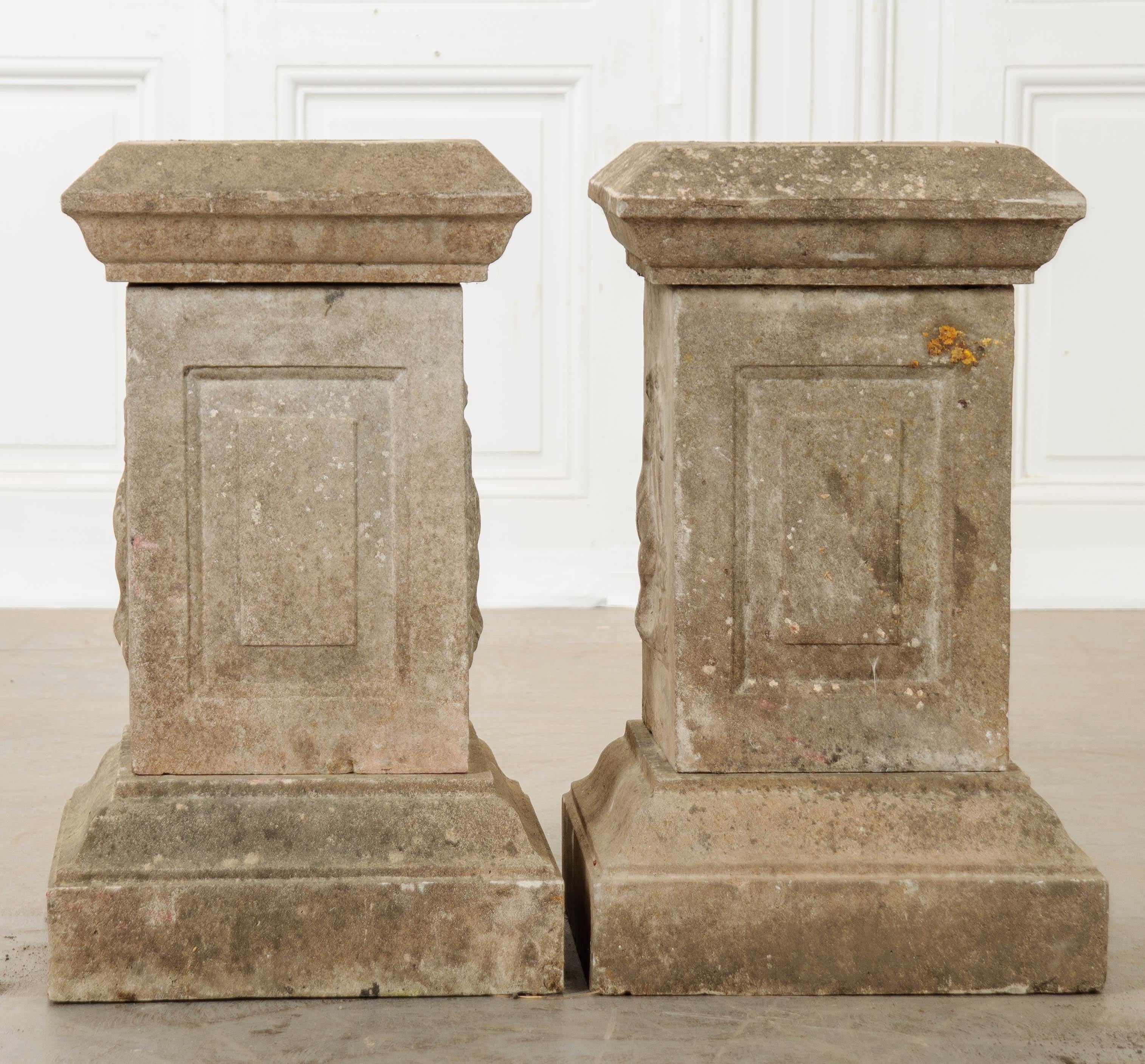 Neoclassical Pair of French 19th Century Cast Stone Urns on Pedestals