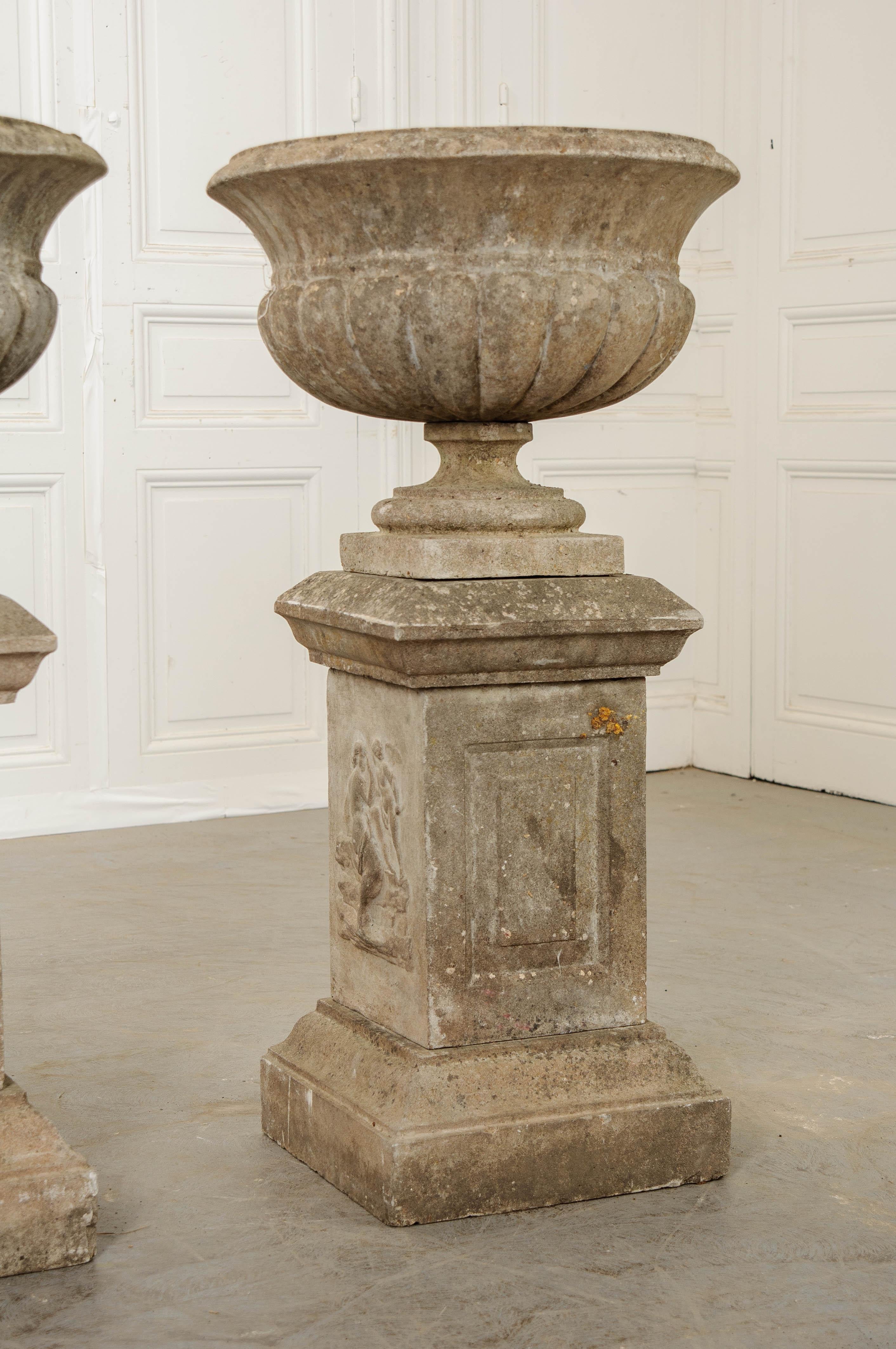Pair of French 19th Century Cast Stone Urns on Pedestals In Good Condition In Baton Rouge, LA
