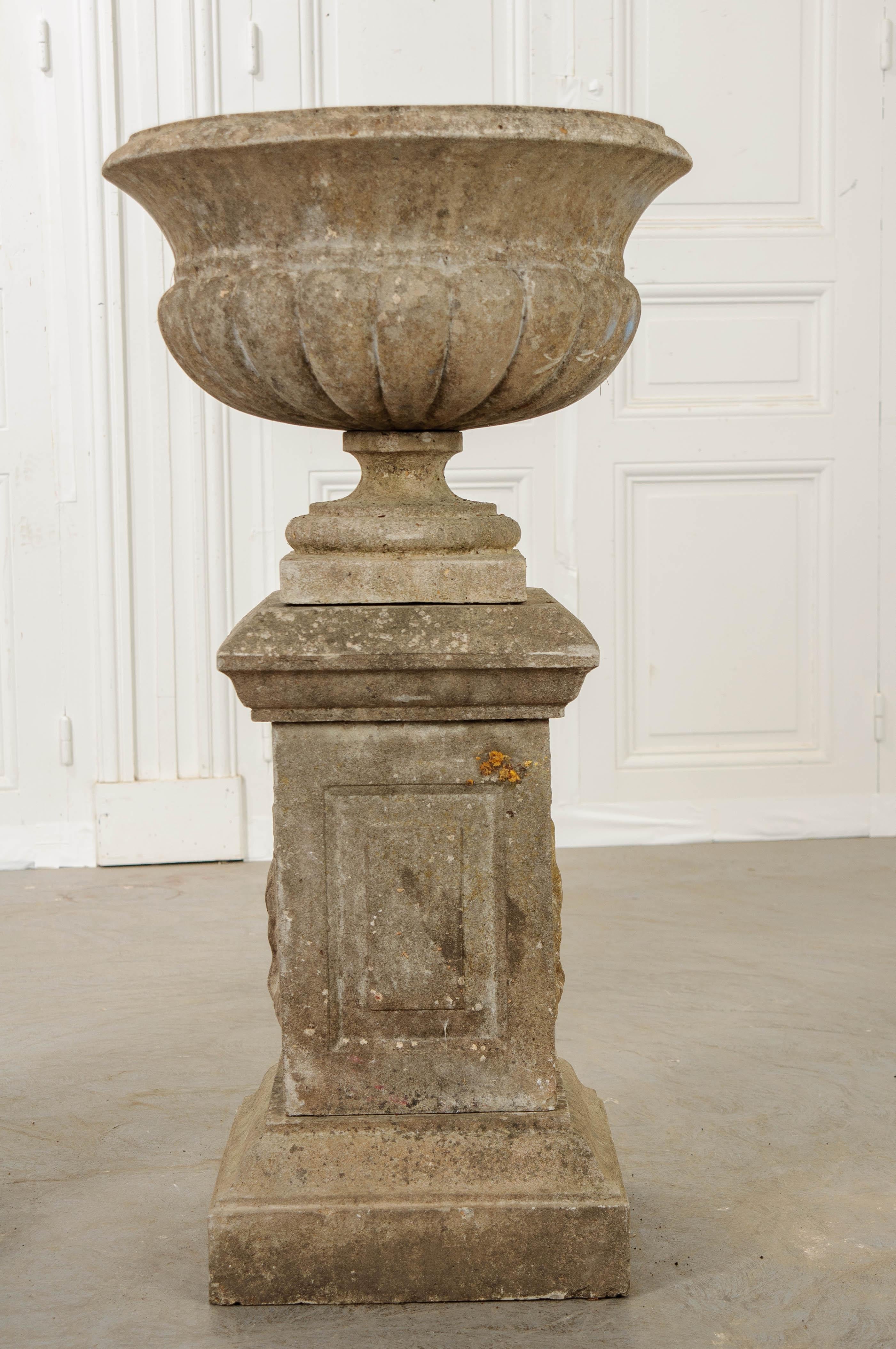 Pair of French 19th Century Cast Stone Urns on Pedestals 5