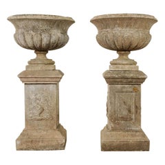 Antique Pair of French 19th Century Cast Stone Urns on Pedestals