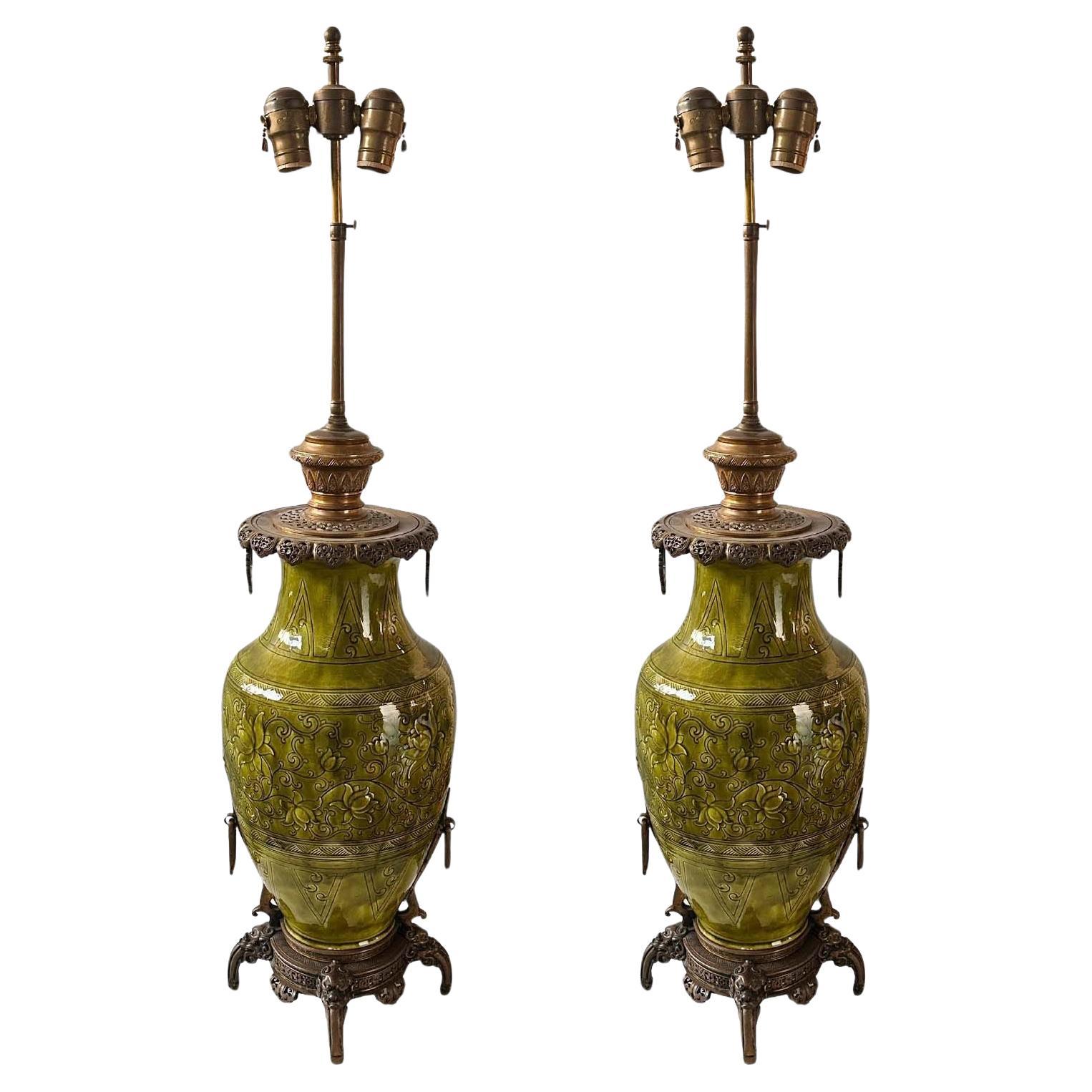Pair of French 19th Century Ceramic & Bronze Lamps For Sale