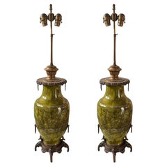 Antique Pair of French 19th Century Ceramic & Bronze Lamps