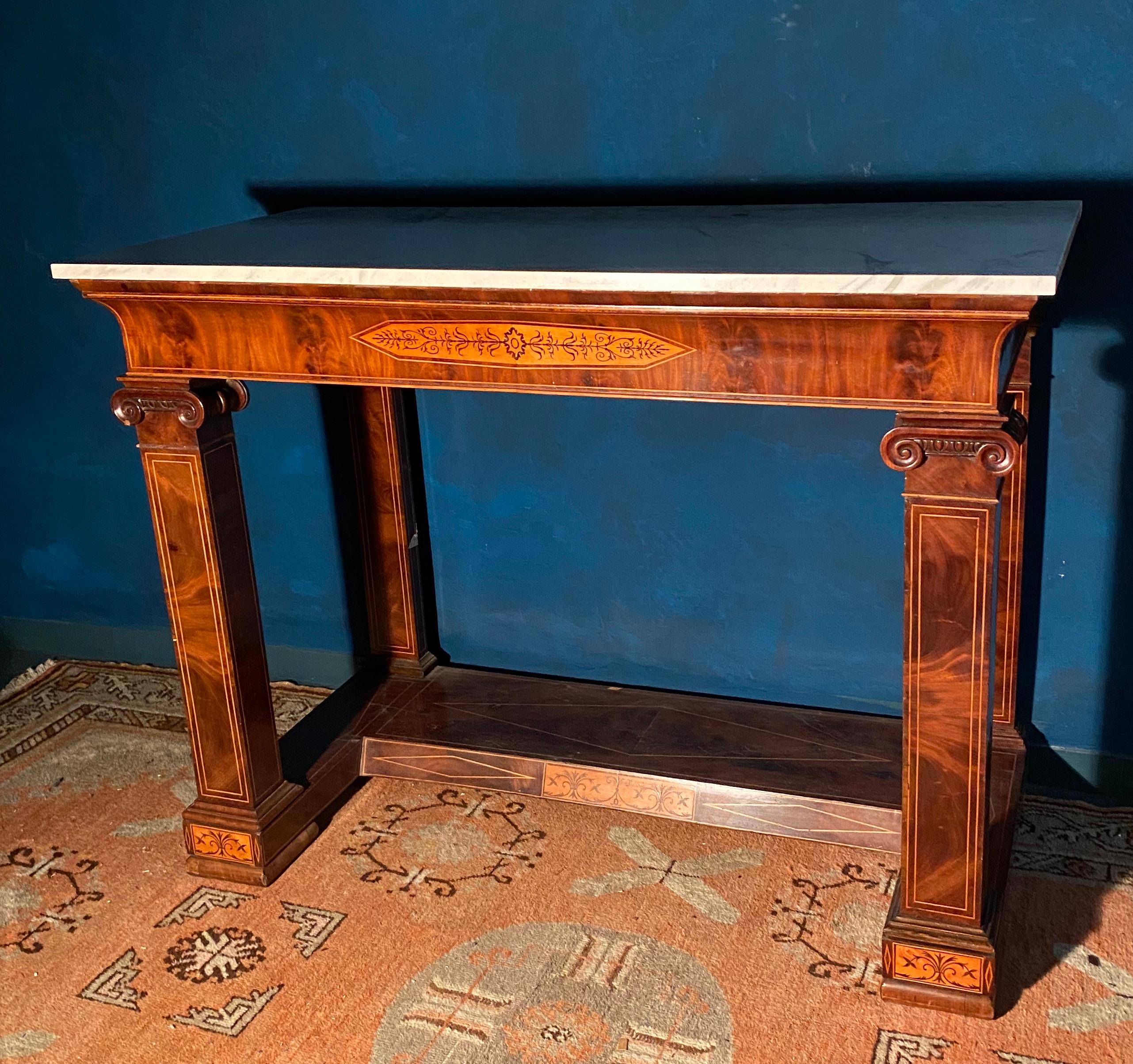 Wood Pair of French 19th Century Charles X Console Tables with Carrara Marble Top For Sale