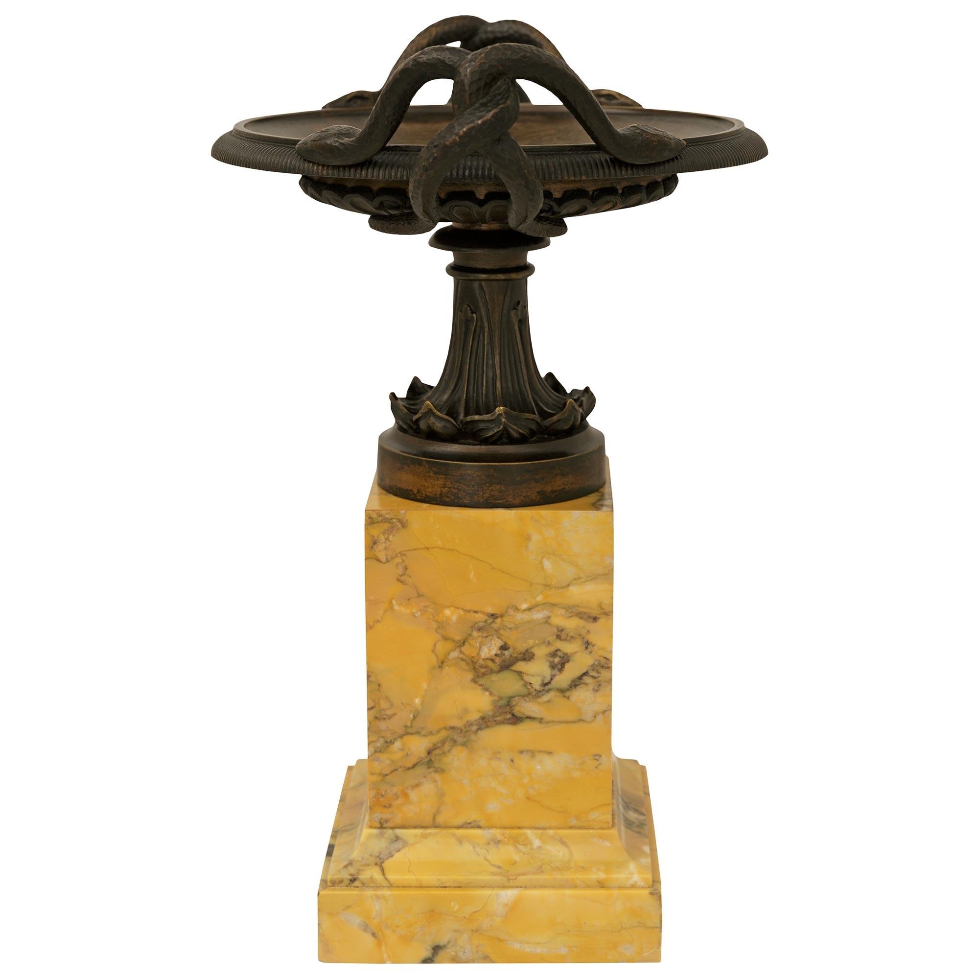 19th Century pair of French 19th century Charles X Period Bronze and Sienna marble tazzas For Sale