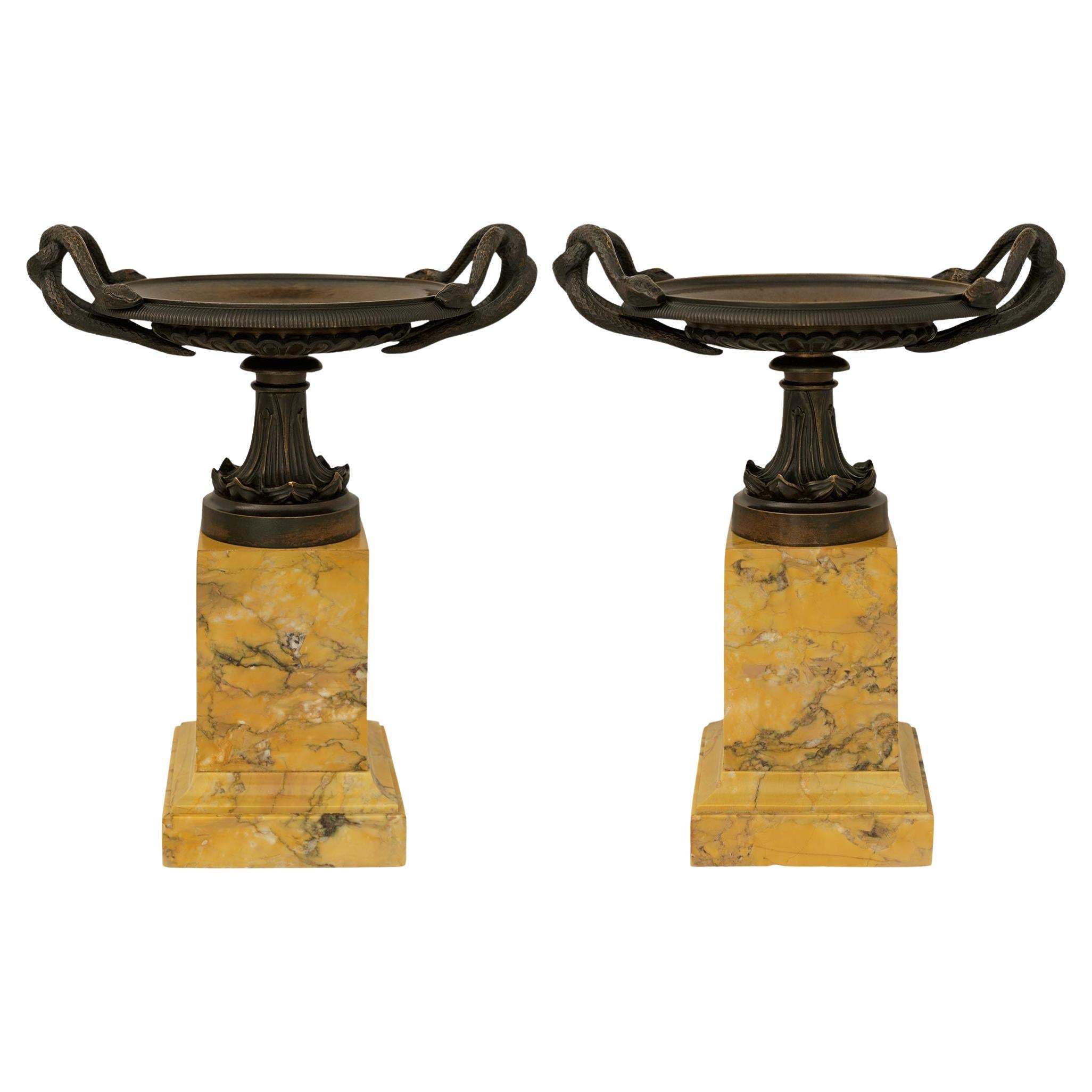 pair of French 19th century Charles X Period Bronze and Sienna marble tazzas For Sale