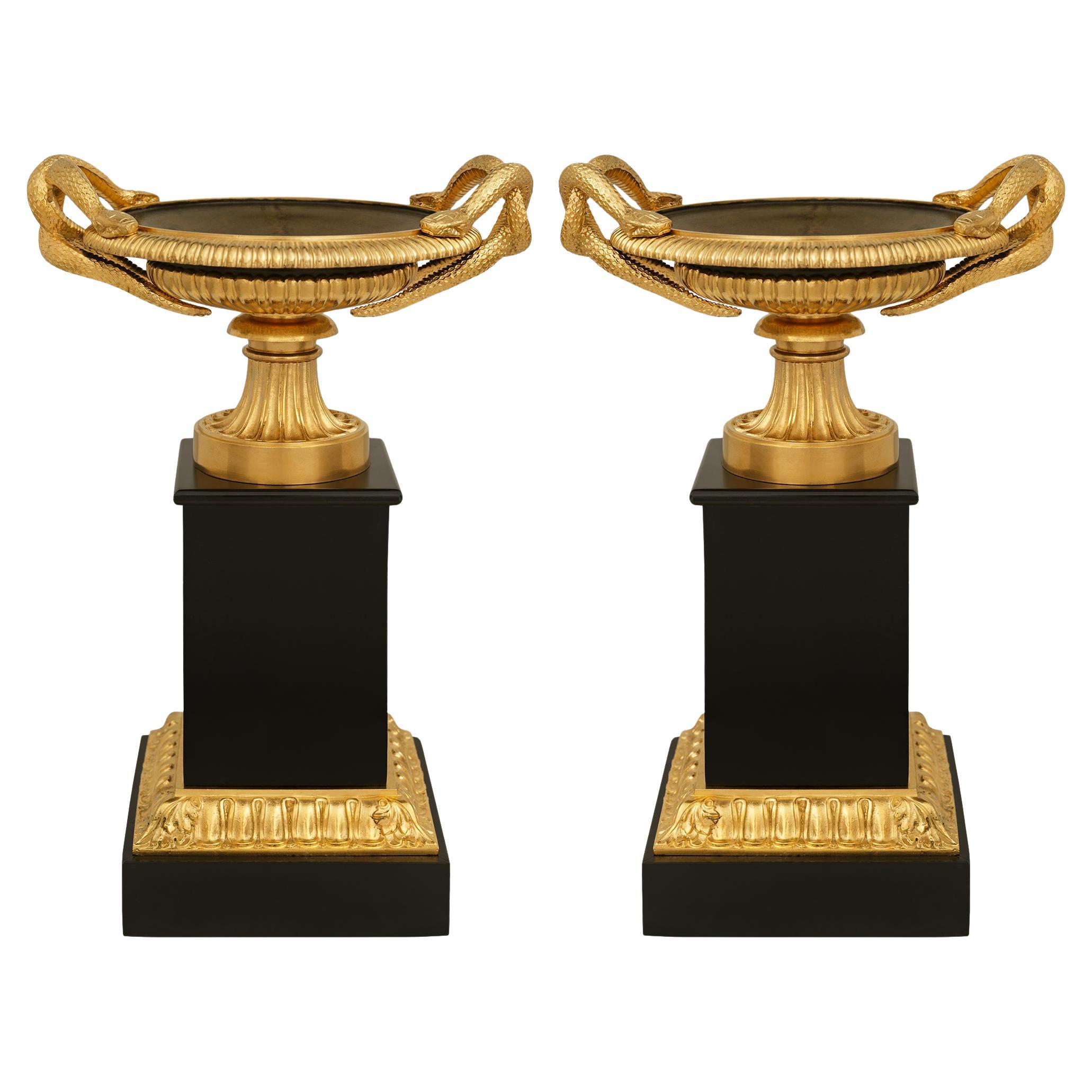 pair of French 19th century Charles X Period marble, Ormolu and Bronze tazzas For Sale
