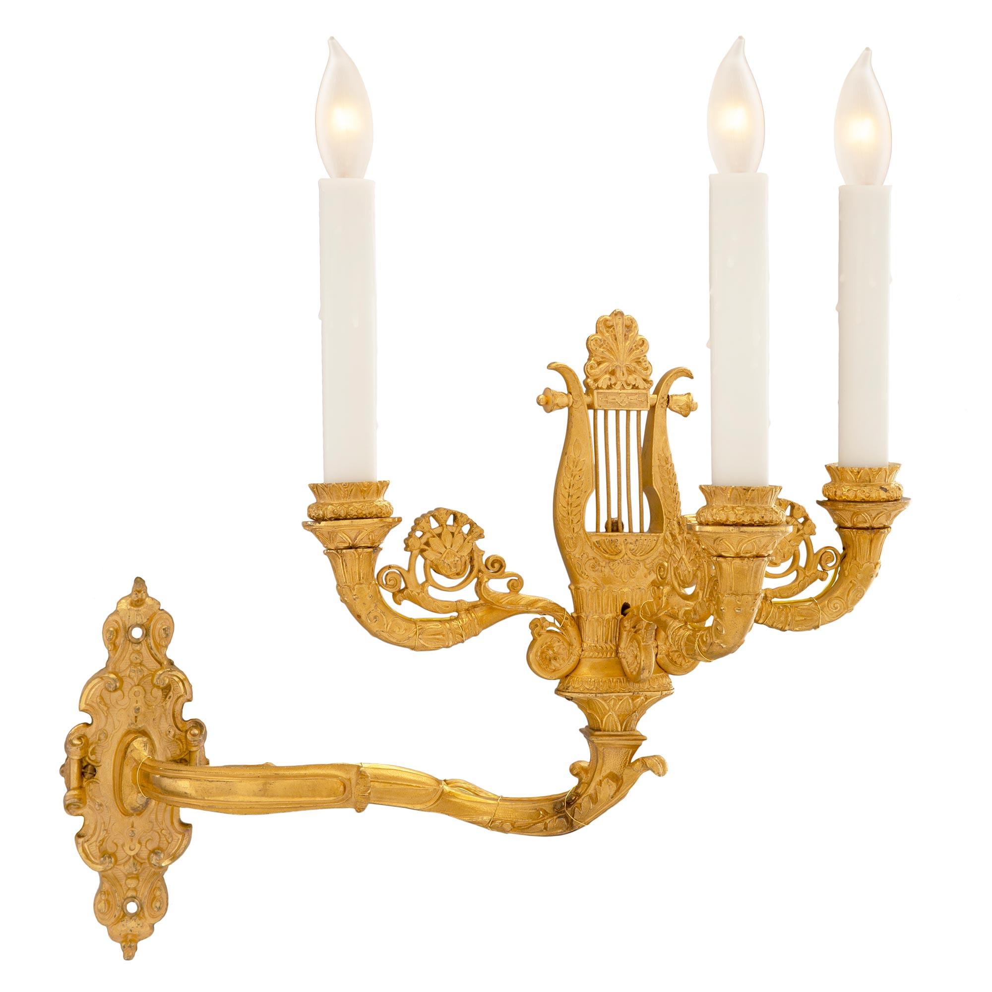 Pair of French 19th Century Charles X Period Ormolu Sconces In Good Condition For Sale In West Palm Beach, FL