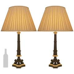 pair of French 19th century Charles X Period patinated Bronze and Ormolu lamps