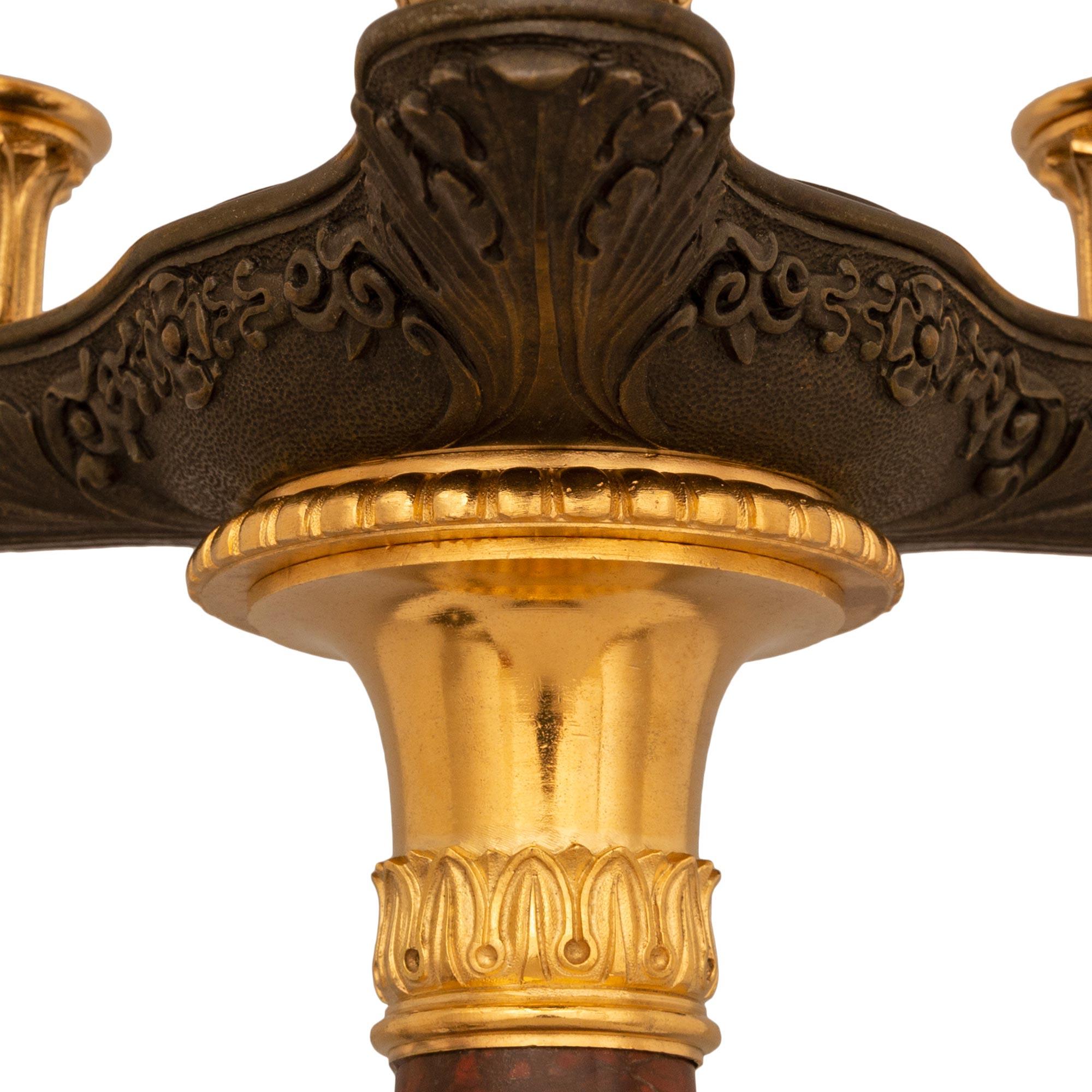 Pair Of French 19th Century Charles X St. Bronze, Marble, & Ormolu Lamps For Sale 1