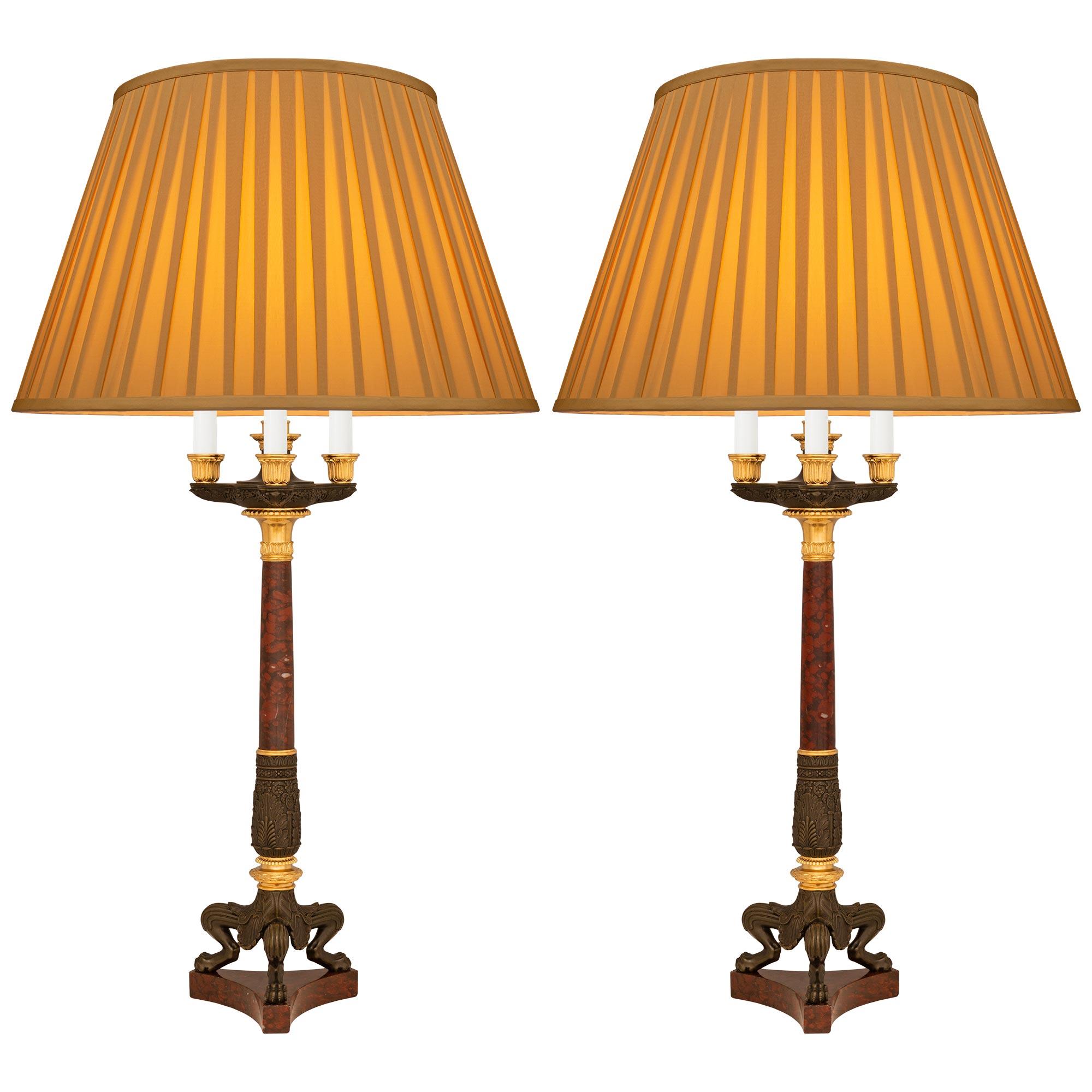 Pair Of French 19th Century Charles X St. Bronze, Marble, & Ormolu Lamps For Sale 5