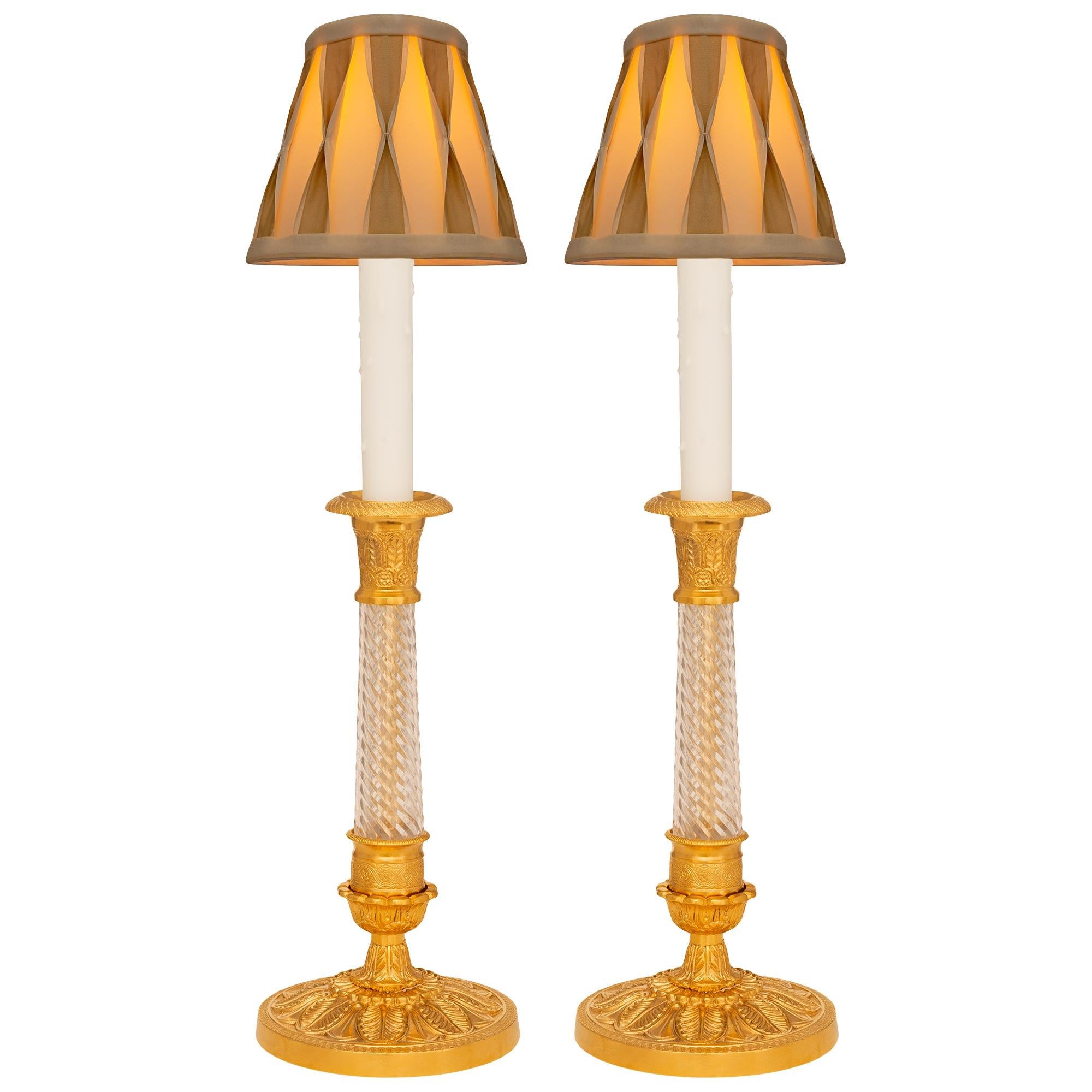 Pair Of French 19th Century Charles X St. Ormolu And Glass Candlestick Lamps For Sale 3