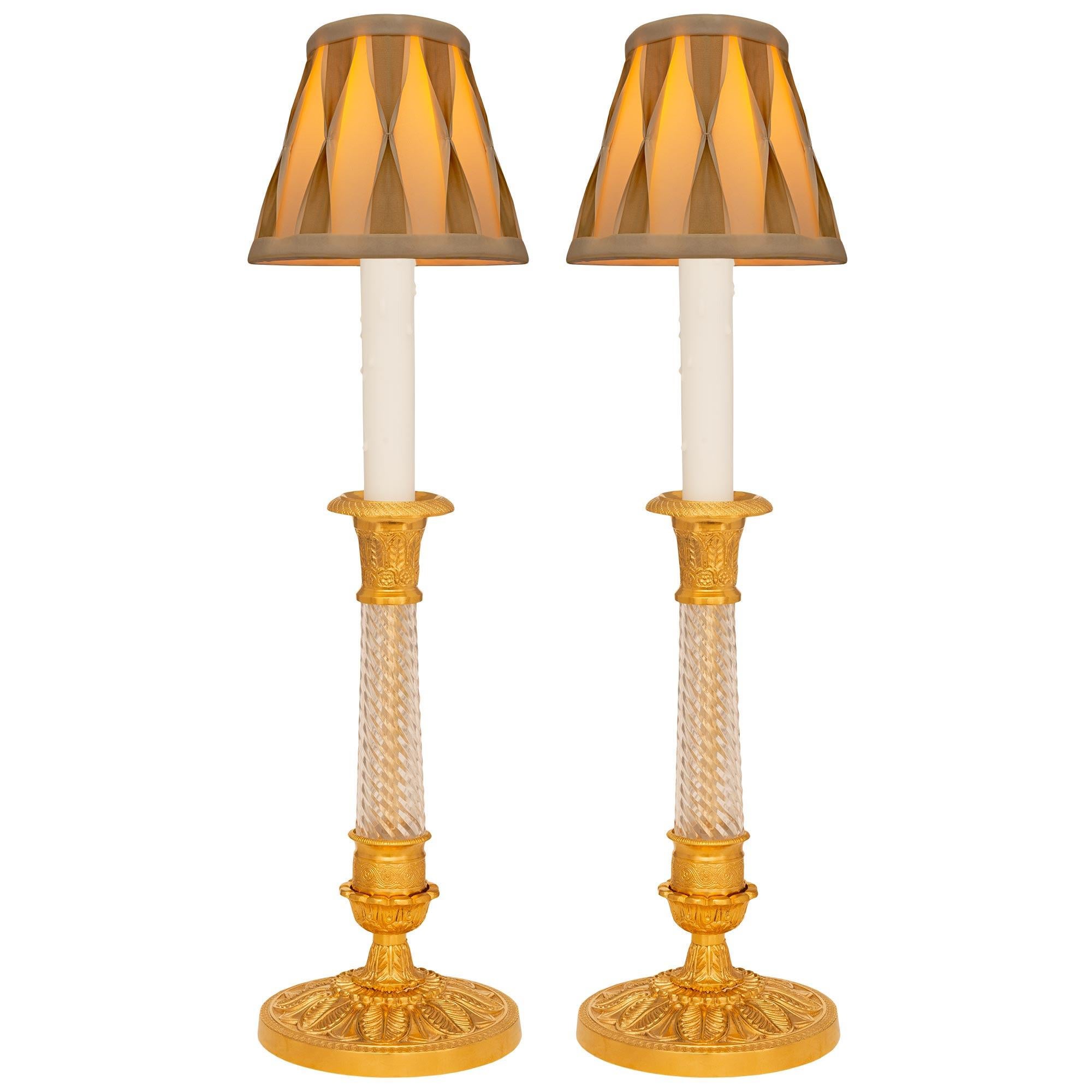 Pair Of French 19th Century Charles X St. Ormolu And Glass Candlestick Lamps