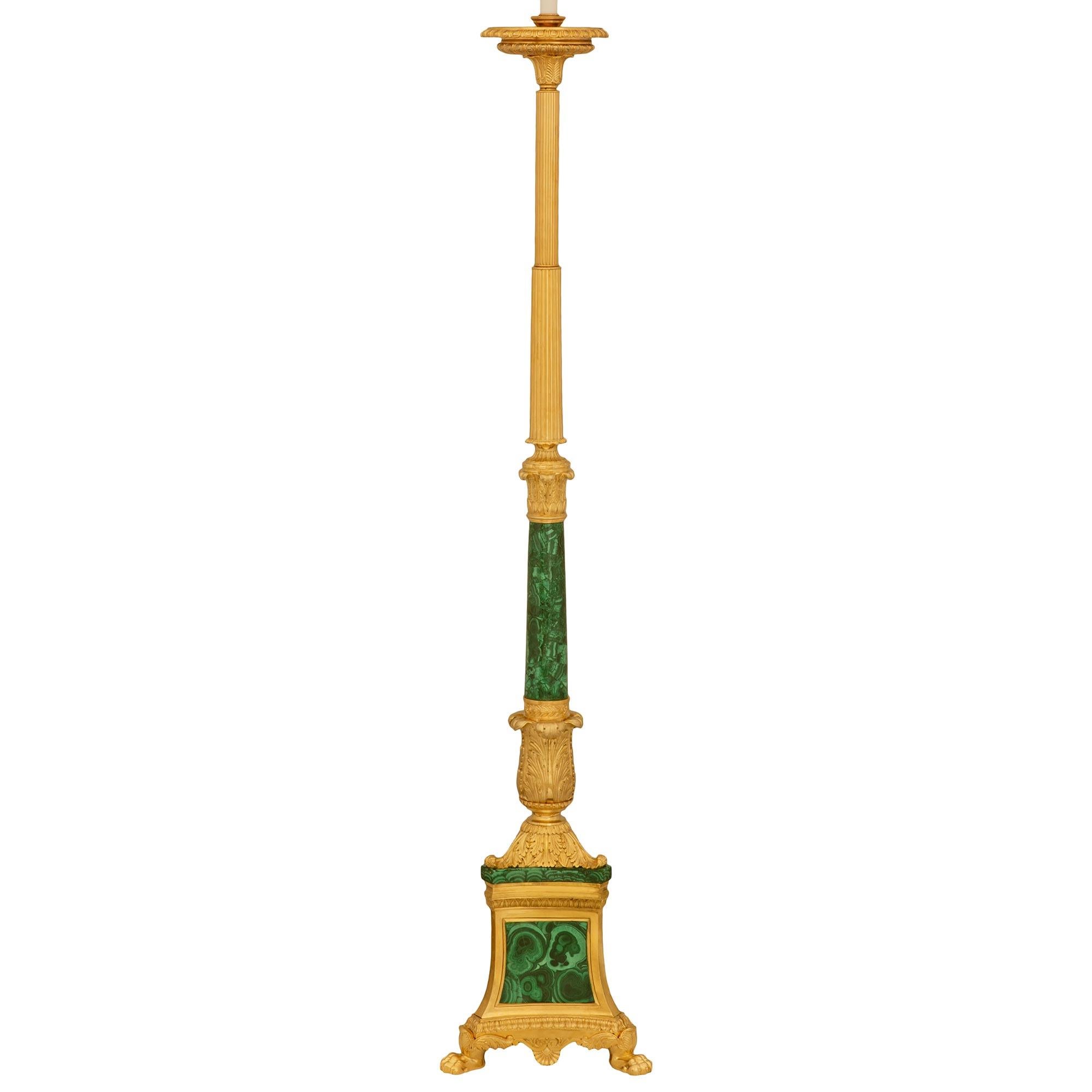 pair of French 19th century Charles X st. Ormolu and Malachite floor lamps In Good Condition For Sale In West Palm Beach, FL