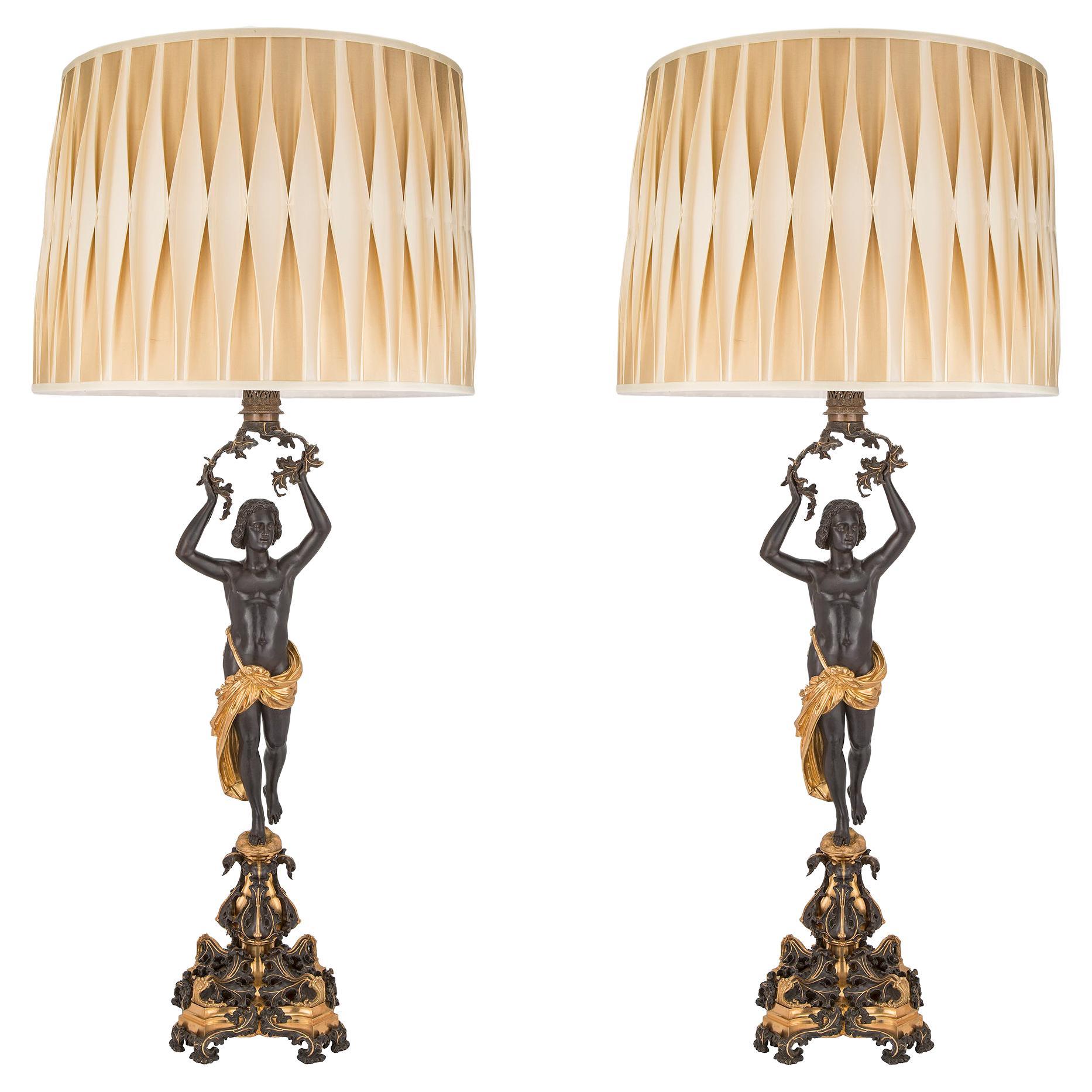 Pair Of French 19th Century Charles X St. Patinated Bronze and Ormolu Lamps For Sale