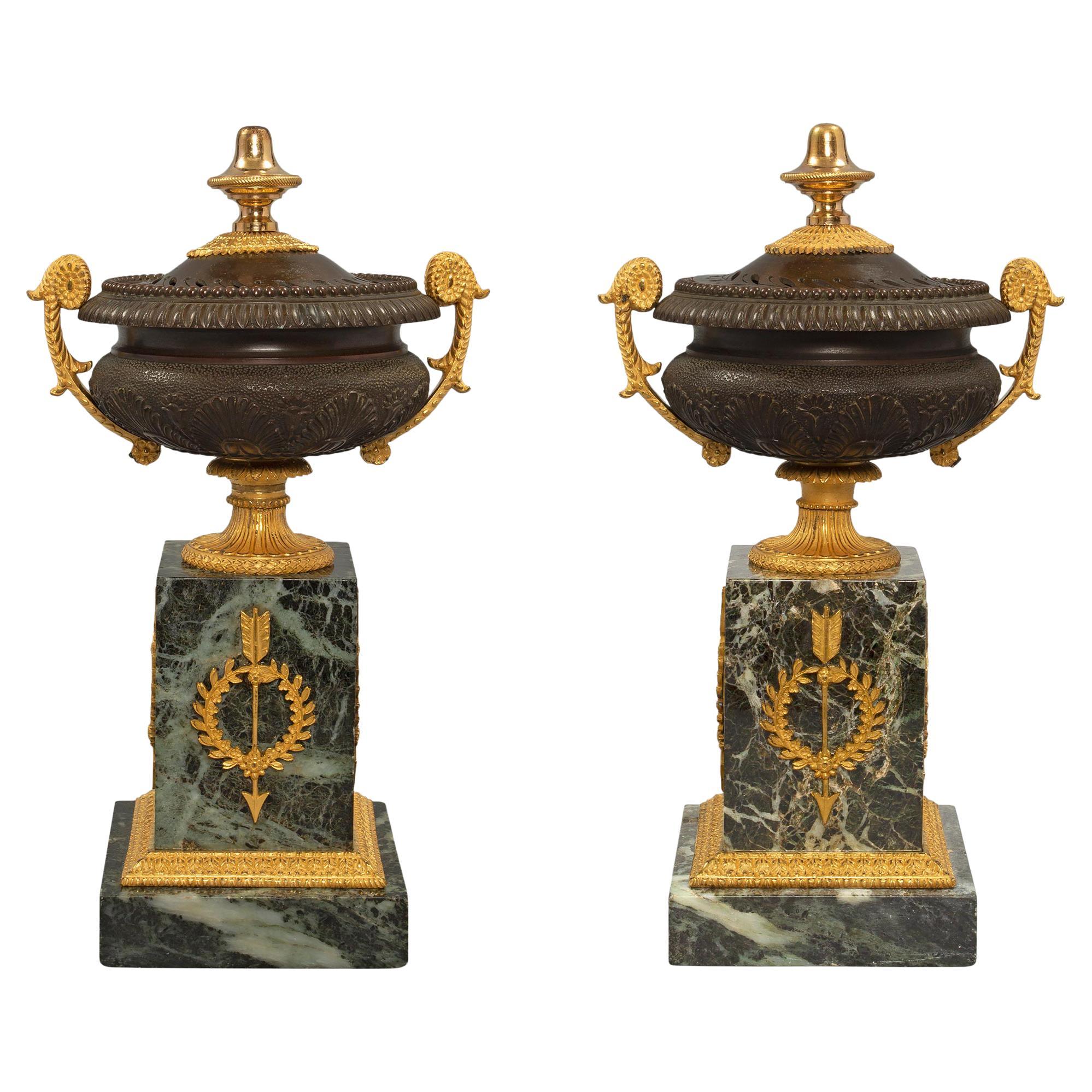 Pair of French 19th Century Charles X Style Bronze and Marble Pot Pourri Urns