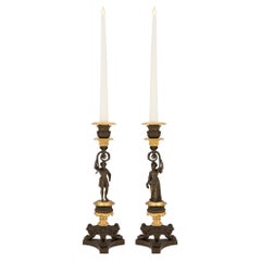 Paar französische Kerzenständer aus Bronze und Goldbronze im Stil von Charles X. aus dem 19. Jahrhundert