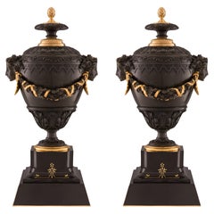 Pair of French 19th Century Charles X Style Marble, Bronze and Ormolu Urns