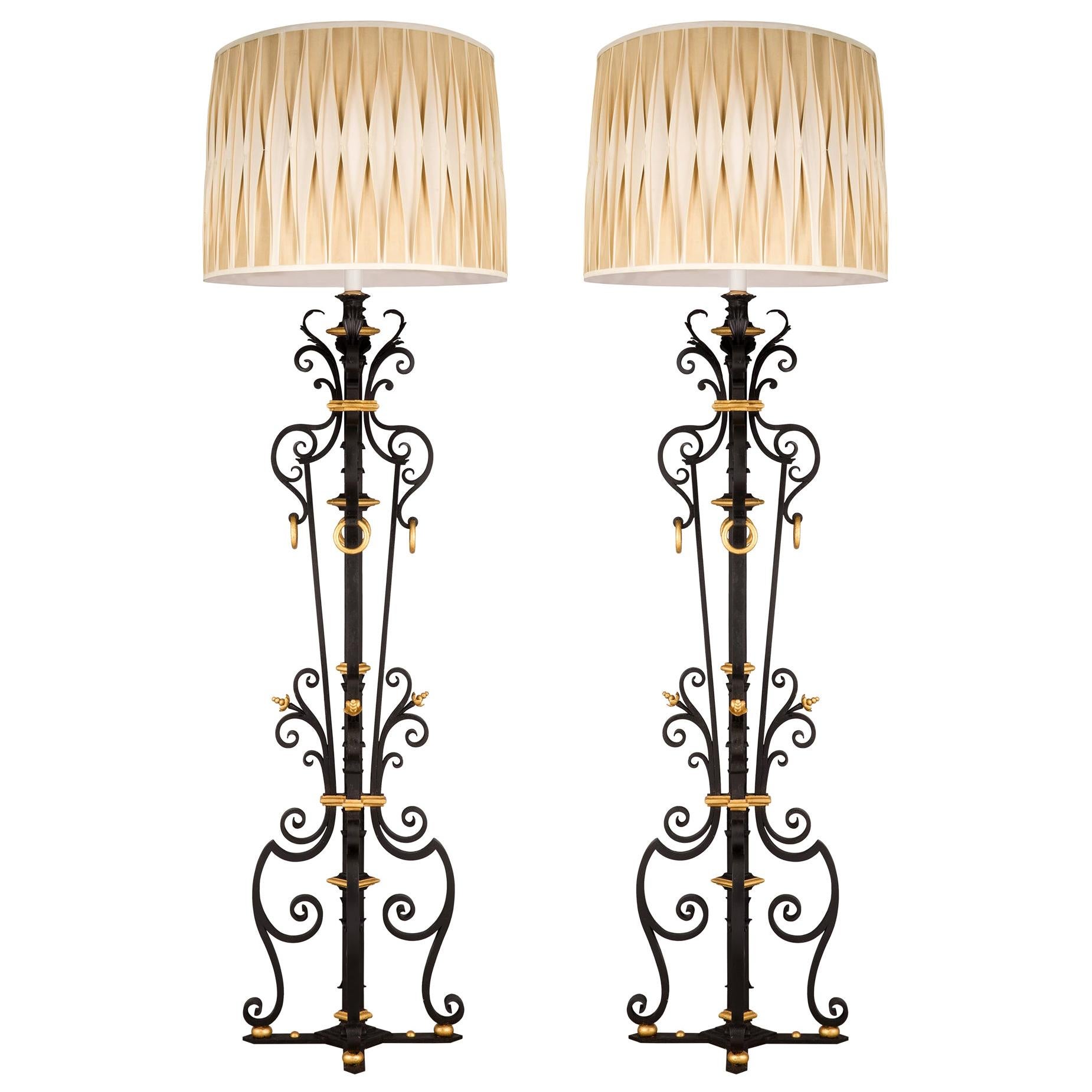 Pair of French 19th Century Charles X Style Ormolu and Wrought Iron Floor Lamps