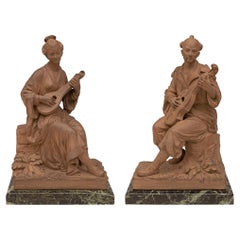 Pair of French 19th Century Chinoiserie St. Terra Cotta and Marble Statues