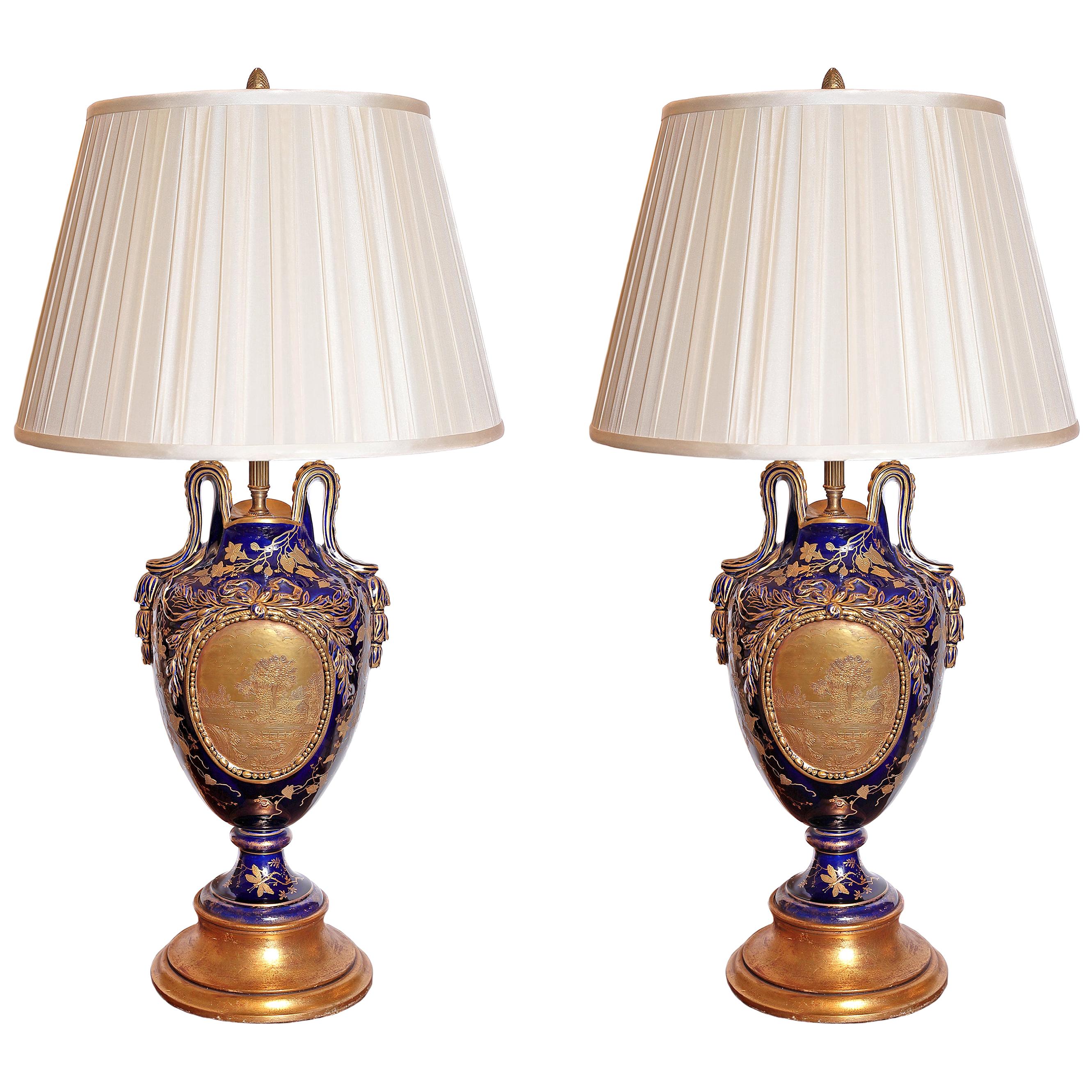 Pair of French 19th Century Choisy Le Roy Porcelain Urn Lamps