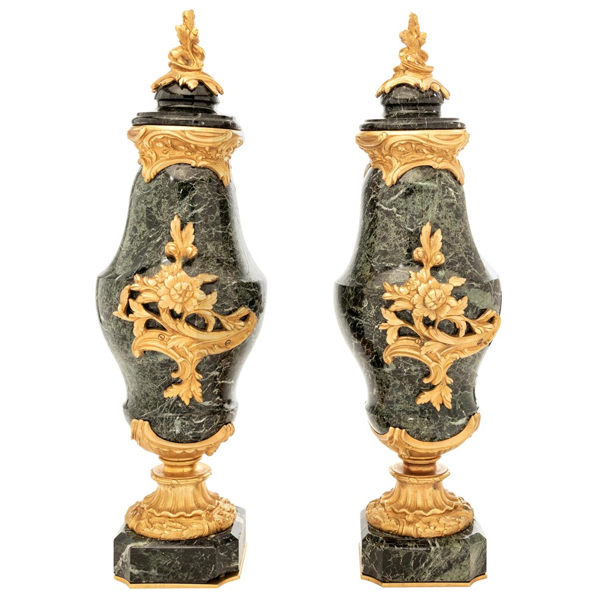 Pair of French 19th Century Classical Marble and Gilt Bronze Urns