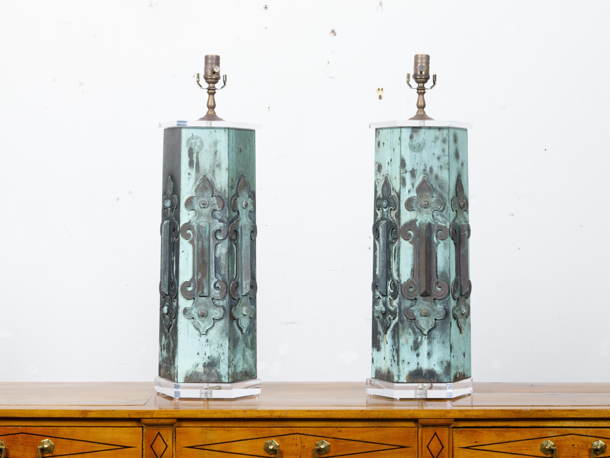 Pair of French 19th Century Copper Table Lamps with Verdigris Patina, US-Wired For Sale 6