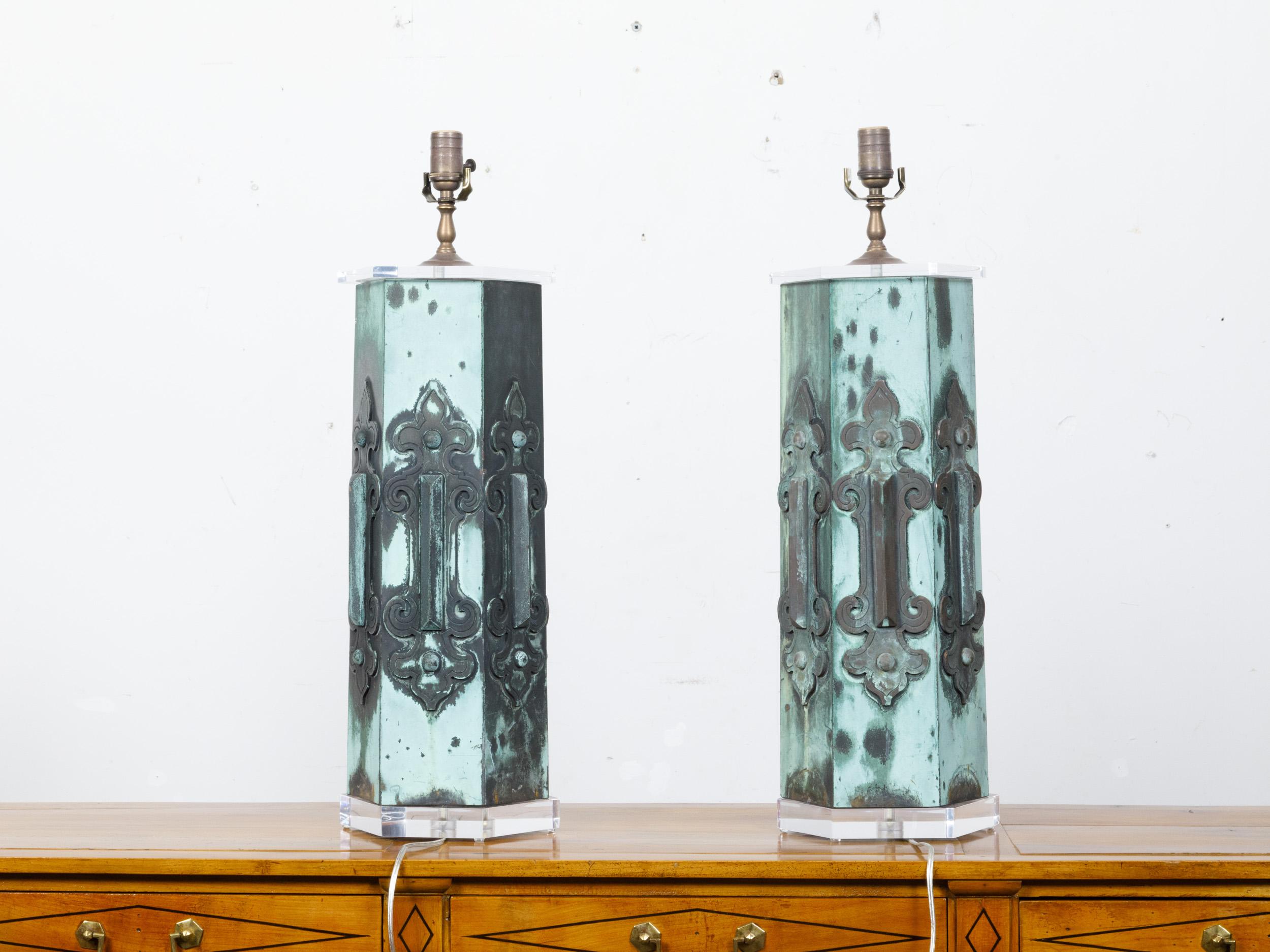 Patinated Pair of French 19th Century Copper Table Lamps with Verdigris Patina, US-Wired For Sale