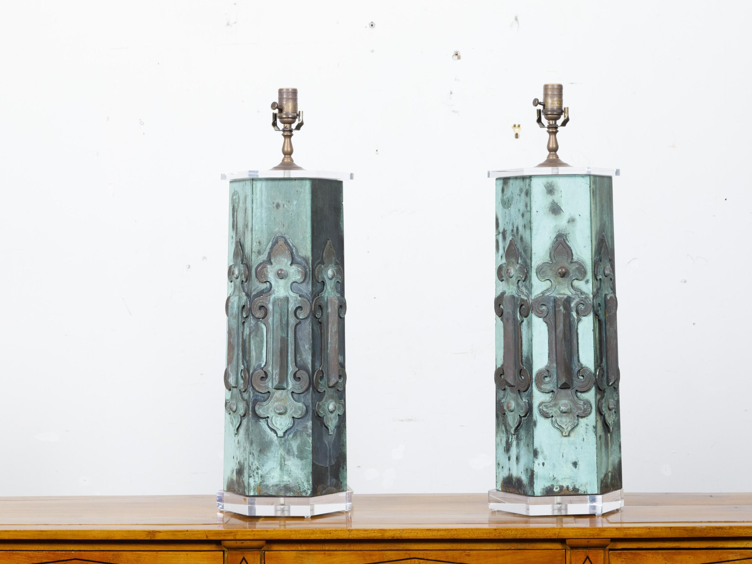 Pair of French 19th Century Copper Table Lamps with Verdigris Patina, US-Wired For Sale 1