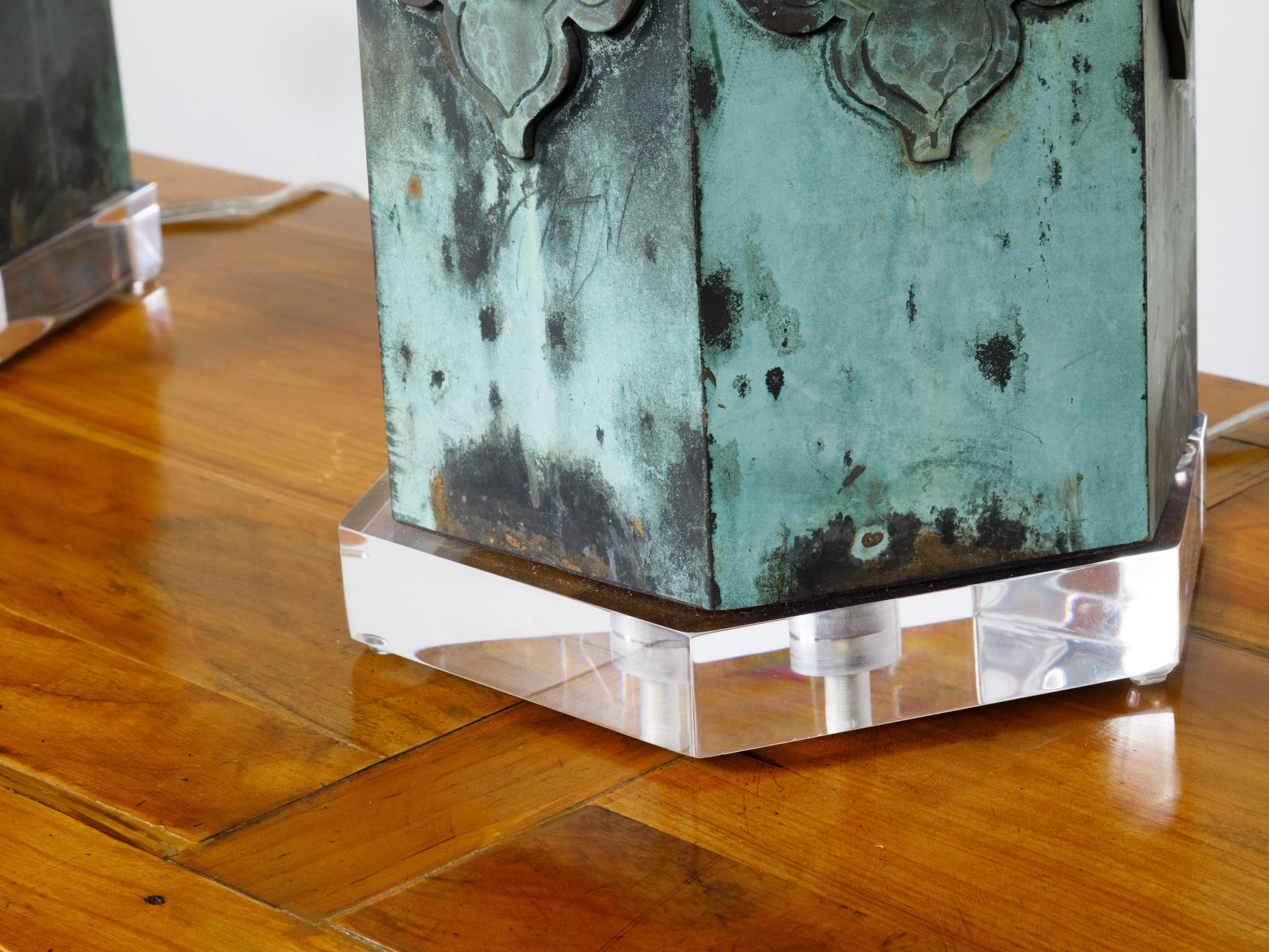 Pair of French 19th Century Copper Table Lamps with Verdigris Patina, US-Wired For Sale 2